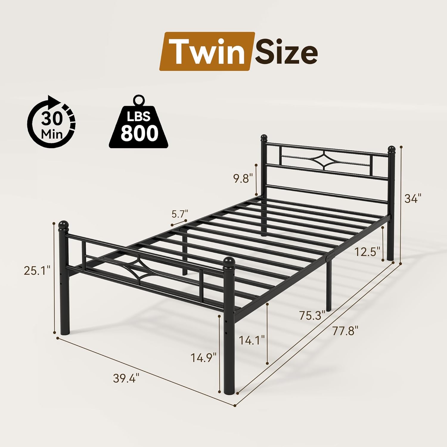 BedsPick Twin Bed Frame, Classic Metal Platform Bed Frame, Mattress Foundation with Steel Slat Support, 12.5'' Under Foundation Storage, No Box Spring Needed/Noise Free/Easy Assembly/Twin Size Black