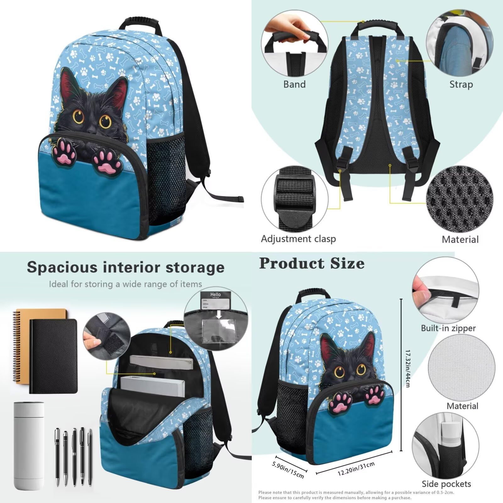 Xoenoiee Set di zaini per ragazzi e ragazze con gatti e libri scolastici con portapranzo, astuccio portaborraccia 4 in 1, set di zaini per la scuola, Zampe di osso di gatto nero