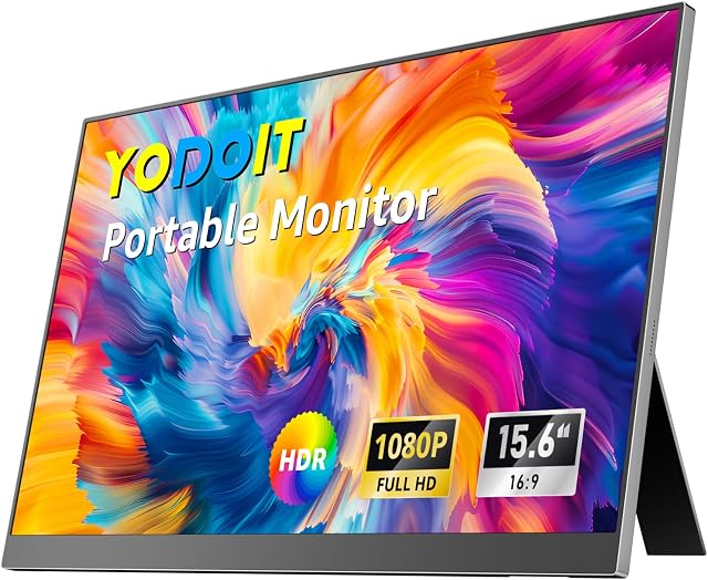 Yodoit Moniteur portable pour ordinateur portable 1920×1080 15.6" Moniteur des voyages FHD Écran IPS Affichage avec USB Type C Port et haut-parleurs Compatible avec PC, MacBook, Xbox (Noir)