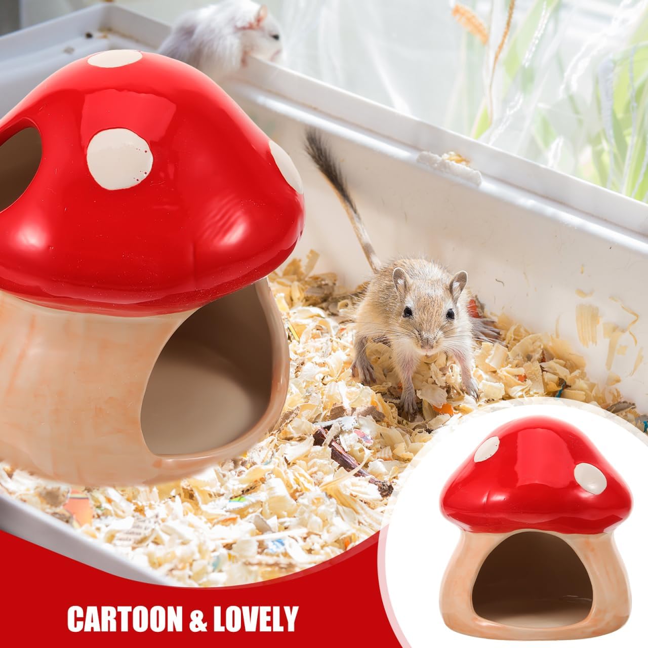 POPETPOP Ceramic Hamster Hideout Mushroom Nest Small Animal Sleeping Nest Cooling Habitat Shelter for Hamsters Gerbils Mice 3.74 Inch