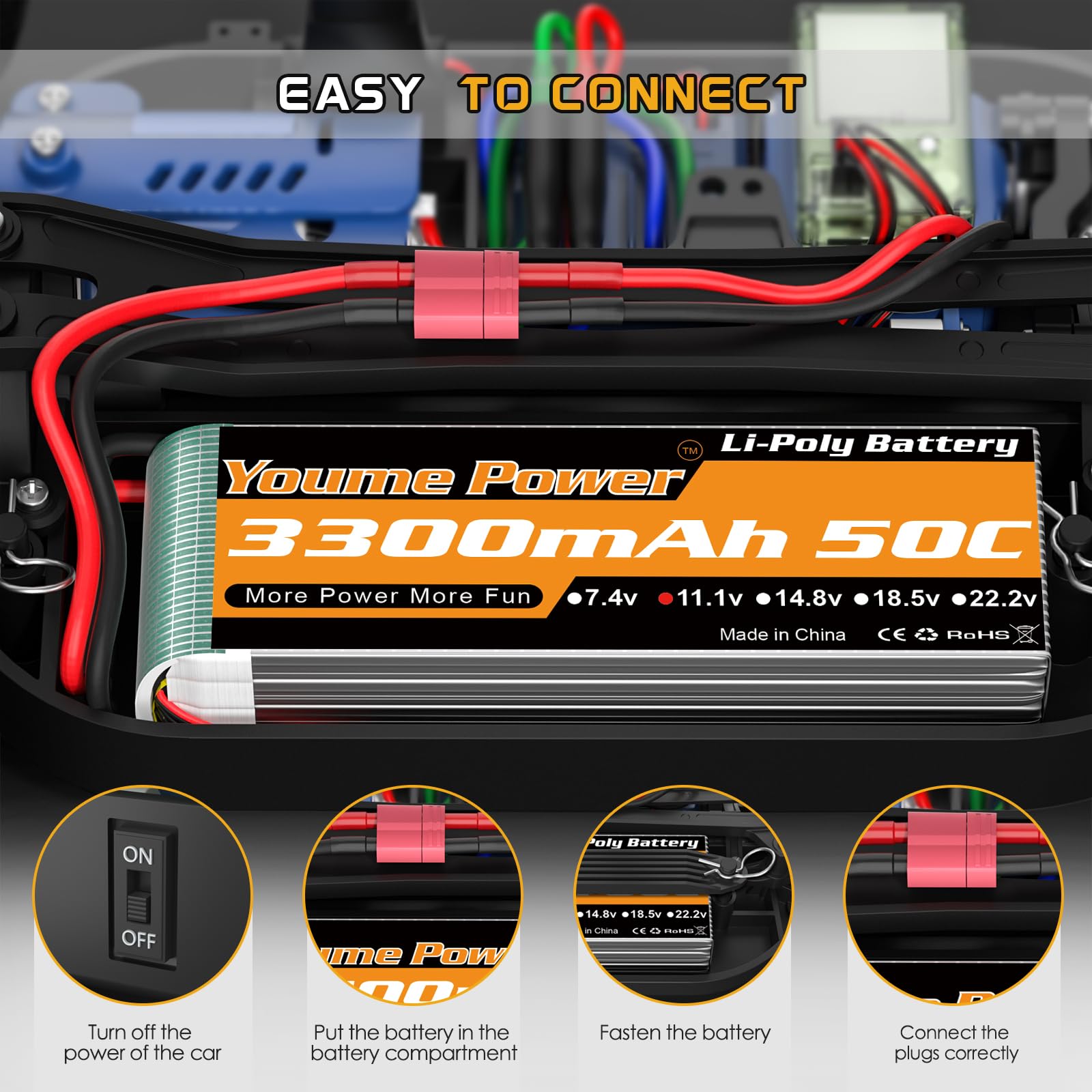 3S LiPo-Akku, 11,1 V RC Lipo 3300mAh 50C Deans T-Stecker für RC-Auto