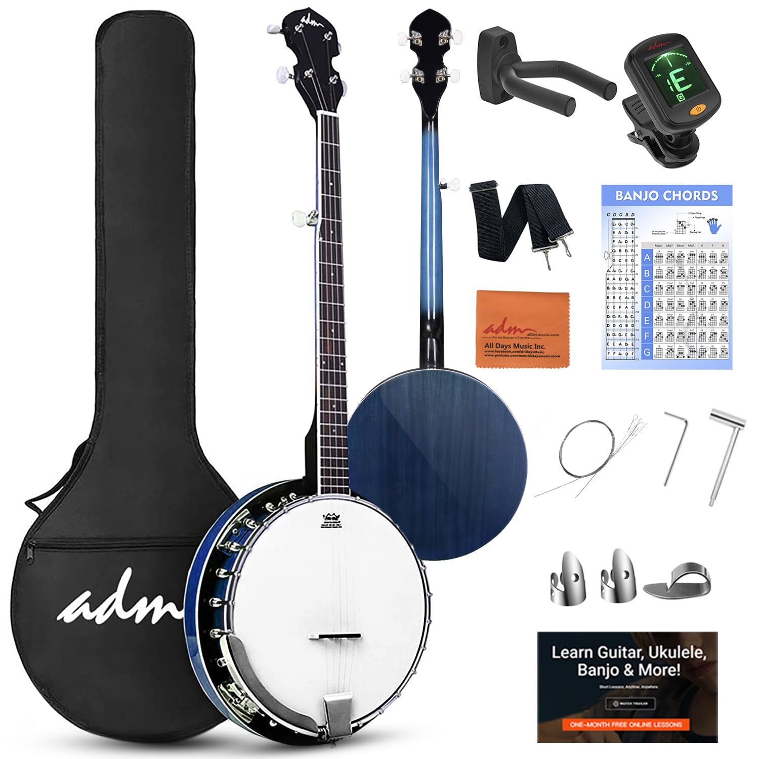 Photo 1 of *Replace cord* ADM Banjo 5 String Full Size Acoustic Electric Banjoes Set Remo Drum, Geared 5th Pegs Beginner Banjo Kit w/EQ Resonator Open or Closed Back, Starter Package Accessories Online Lessons for Adult,Brown