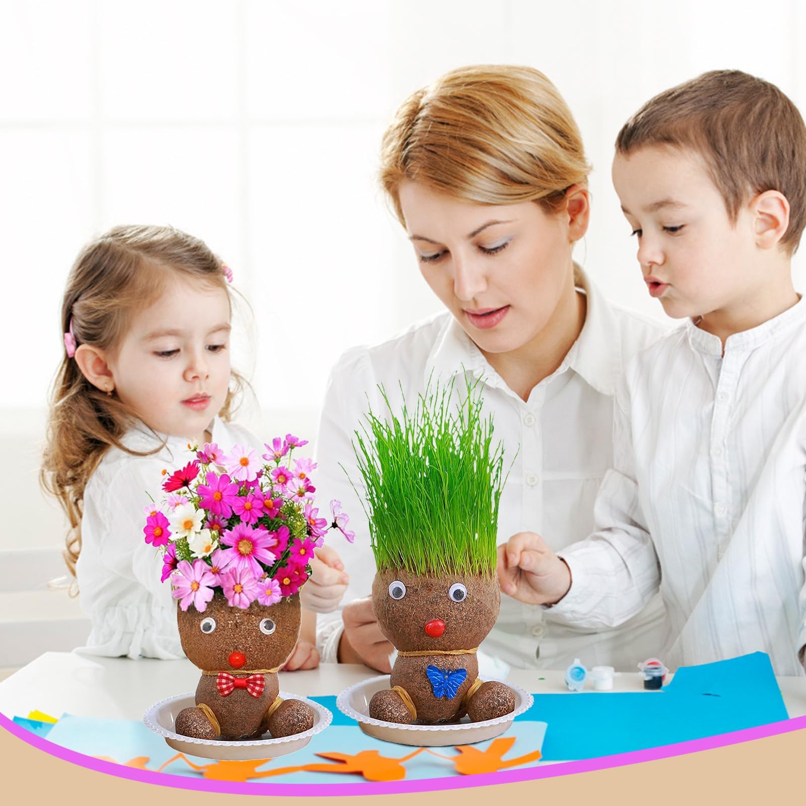 Tête d'herbe, tête de fleurs, tête d'herbe, plante de poupée, plante de poupée pour enfants, mini bonsaï herbe, tête de fleur, tête d'herbe, bonsaï, avec plateau, plantes en pot pour chambre