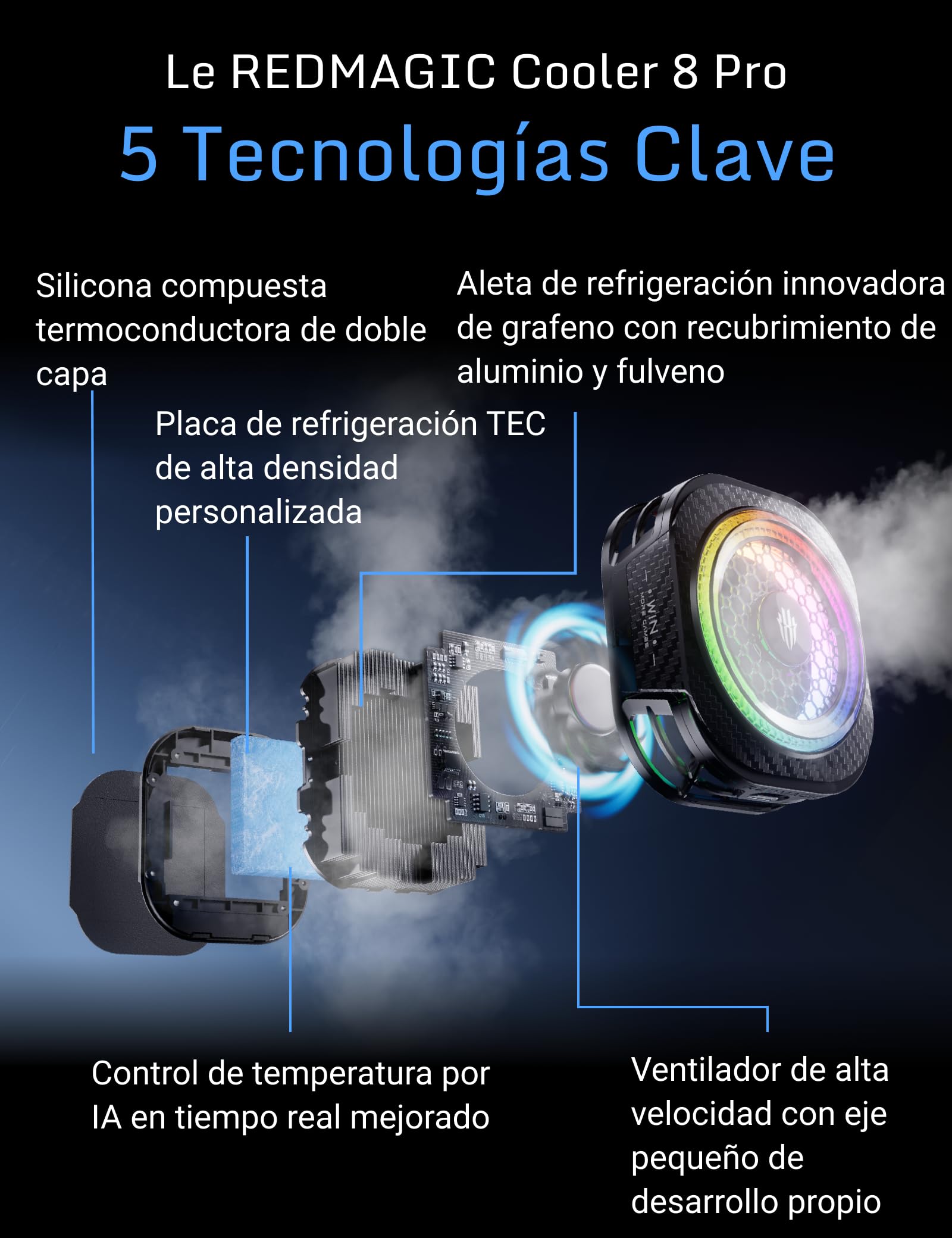 REDMAGIC Cooler 8 Pro Enfriador Magnético para Smartphone Gaming, Enfriamiento Rápido 36W con Control IA, Silencioso Bajo 36dB, Ventilateur RGB para iPhoneAndroid/iPad, Negro