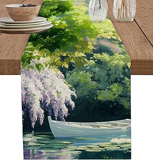 DecorLovee Forest Green Table Runners 48 Inches Long, Pink Flowers Lake Boat Oil Painting Summer Farmhouse Table Runner Dress Scarves, Decorative Coffee Tablerunner for Kitchen Island/Party 13"x48"