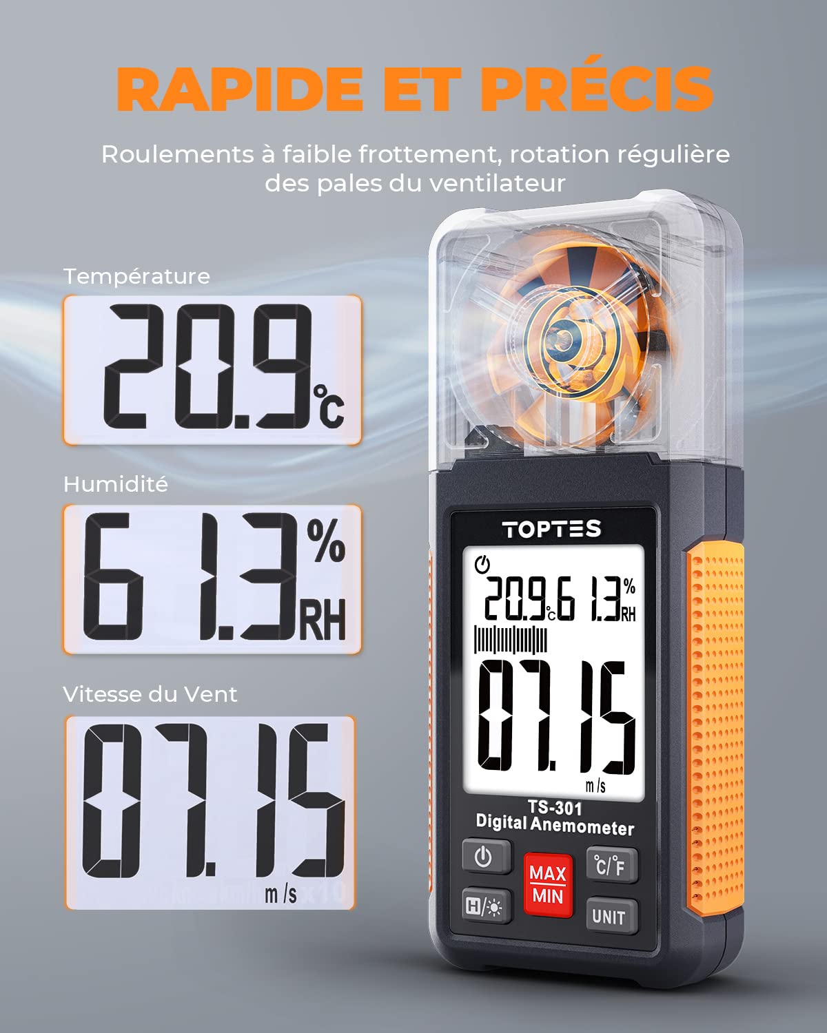 Anémomètre numérique TopTes TS-301, Compteur de Vitesse du Vent Avec écran LCD 2,26 pouces, Débitmètre d'air pour HVAC/Voile/Surf/Prise de Vue/Drone, 6 Unités de Mesure Rétroéclairage Jauge de Vent