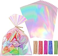 Woric 150PCS Iridescent Cellophane Treat Bags 5x7 Inch with Ties - Holographic Clear Party Favor Bags for Candies, Cookies, Easter, Birthdays, Weddings