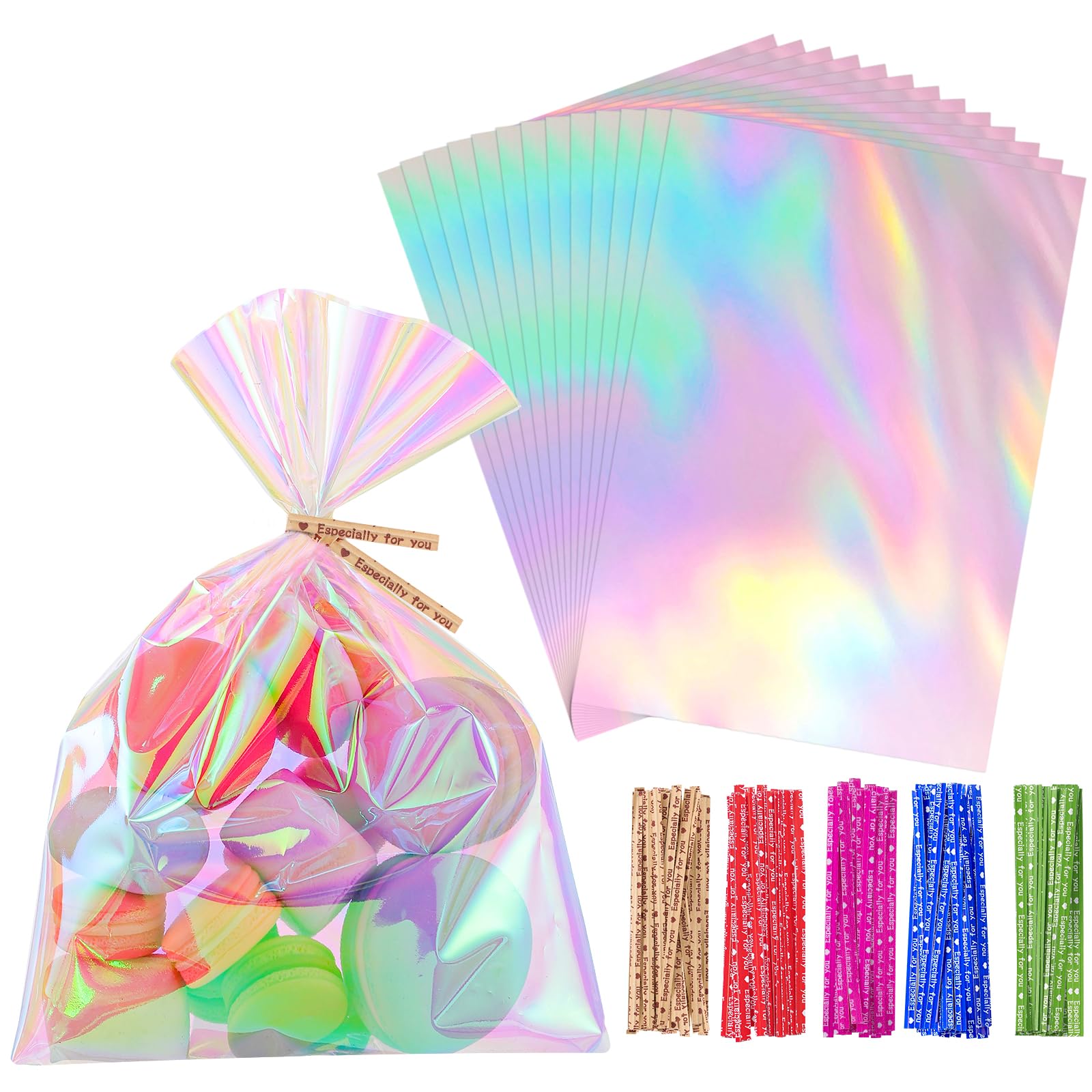 woric 150PCS Iridescent Cellophane Treat Bags with Ties 5x7 Inch Plastic Clear Party Favor Bags Gift Bag for Candies Cookies Valentine's Day Baby