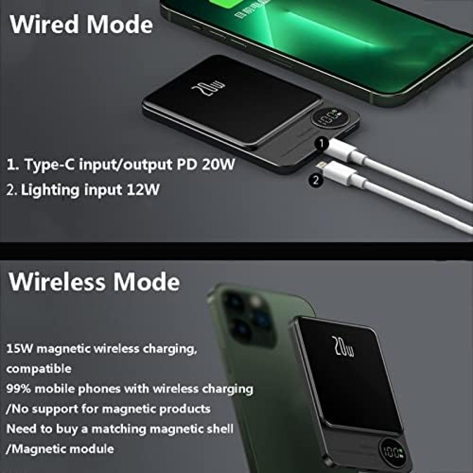 Powerbank 10000 mAh Power Bank Charge Rapide Portable sans Fil Charge Rapide 100% écran LED Chargeur Portable Batterie Compatible avec divers smartphones et Autres appareils USB, Vert Fonc