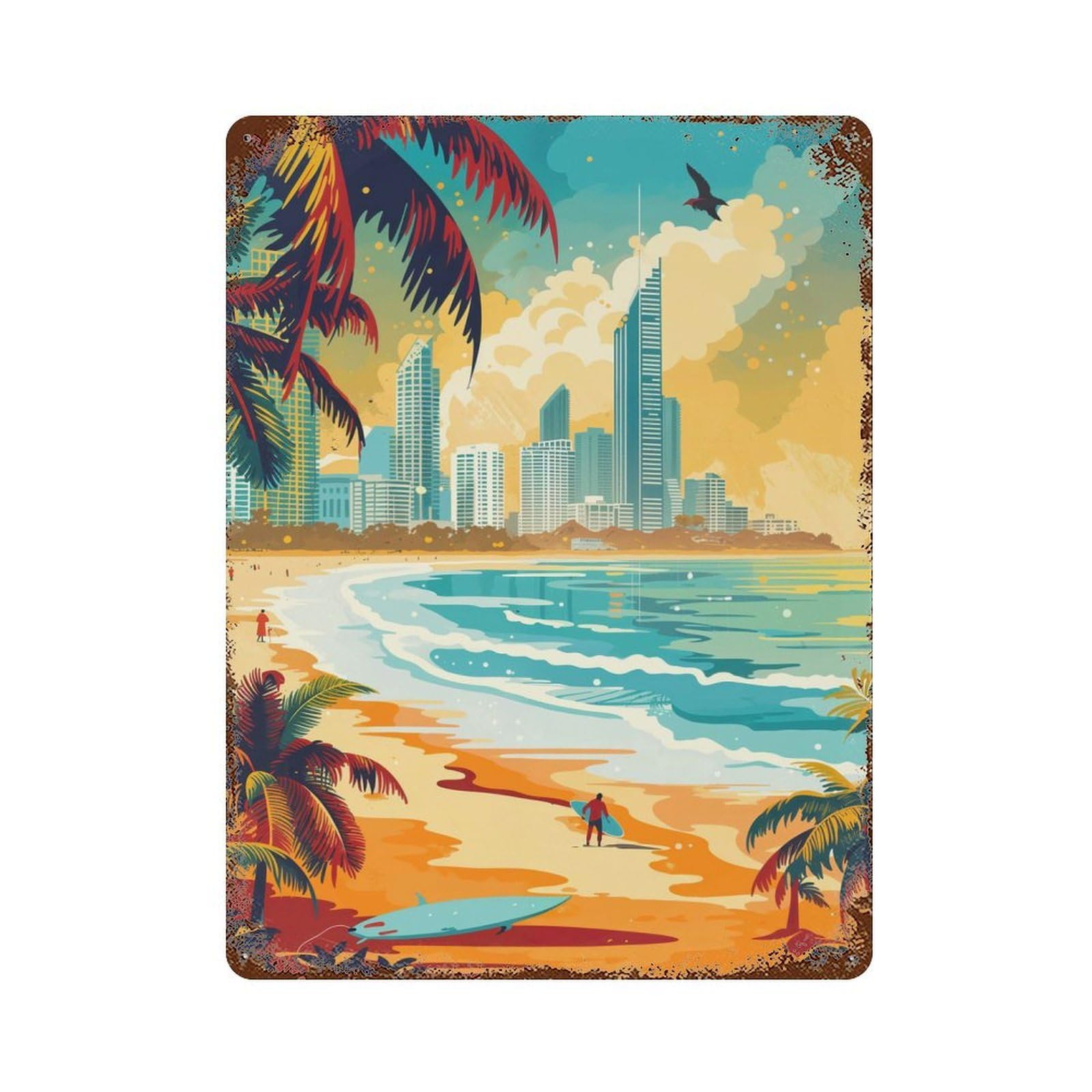 Rust Effect Gold Coast Paradise Distressed Metal Wall Sign 15.7"x11.8", Farmhouse Wall Decor for Office, Studio And Wall Decor