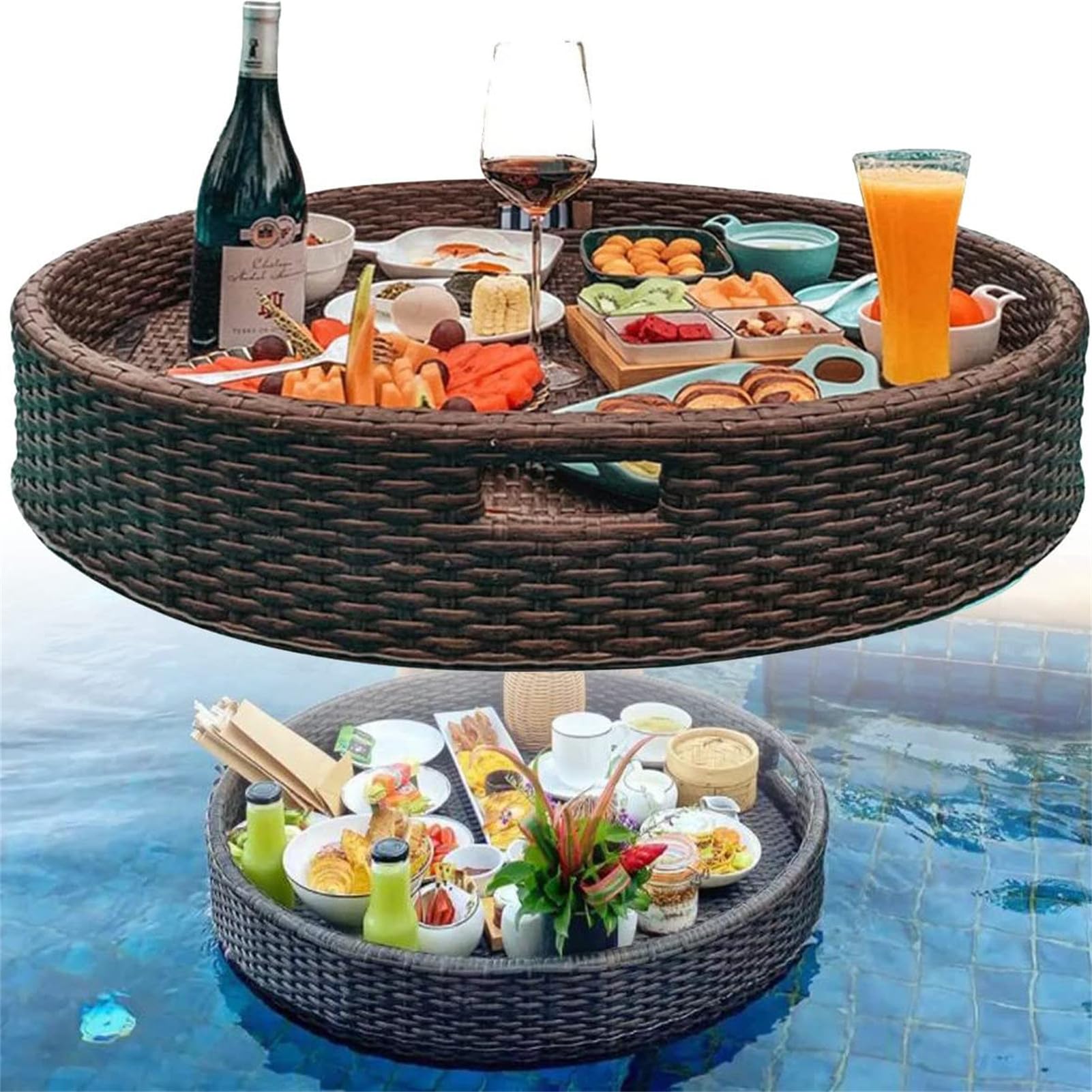 Plateau de Service tissé en rotin, Plateau Flottant pour Piscine, Porte-Boisson de Bar de 60 cm/80 cm, Plateau de Piscine pour salades et Glaces Flottant pour Le Camping et Les réunions de f