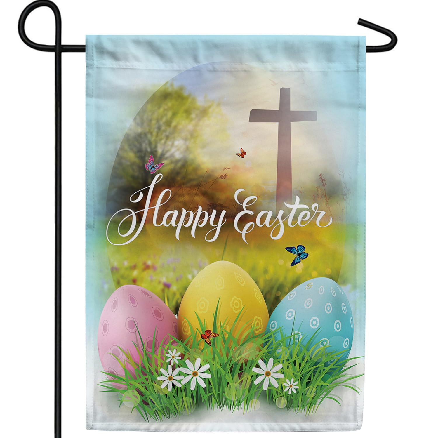 'America Forever Happy Easter' flaga ogrodowa 30 x 45 cm religijny krzyż święta wiosna sezonowe podwórko na zewnątrz dekoracyjne dwustronne jajka wielkanocne flaga ogrodowa