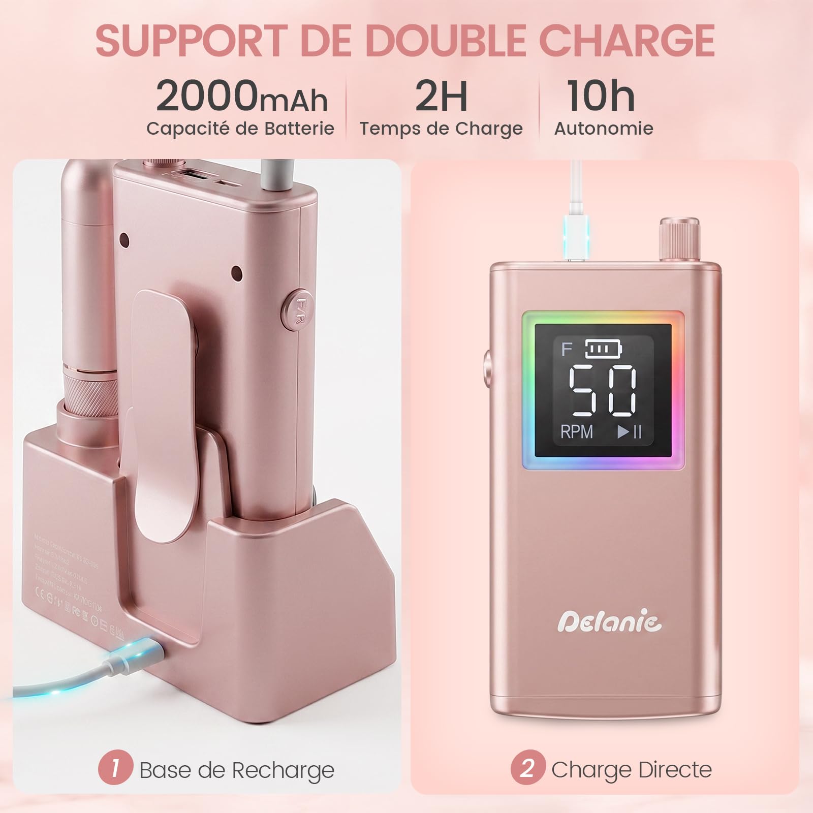 Delanie Ponceuse pour ongles Électrique Professionnel 50000 RPM avec Station de Recharge, Lime à Ongles Sans Fil pour Ongles en Acrylique Épais, 10 Heures d'autonomie, Fonction Pause, Incl. 12 Embouts