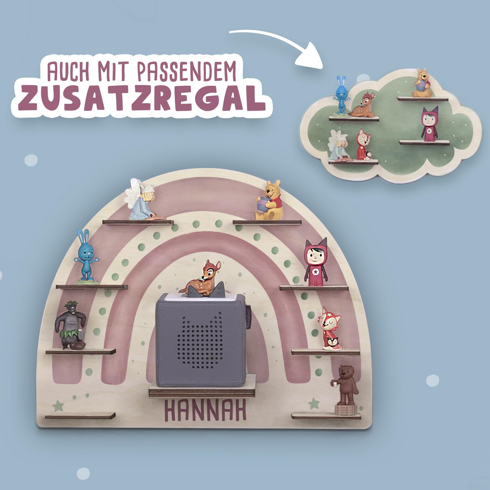 hellomini Personalisiertes Tonie Regal Mädchen - Toniebox 1 & Toniebox 2 Regal mit Wunschnamen fürs Kinderzimmer - Regal Mädchen - Kinder - Toniebox Aufbewahrung (Regenbogen Druck)