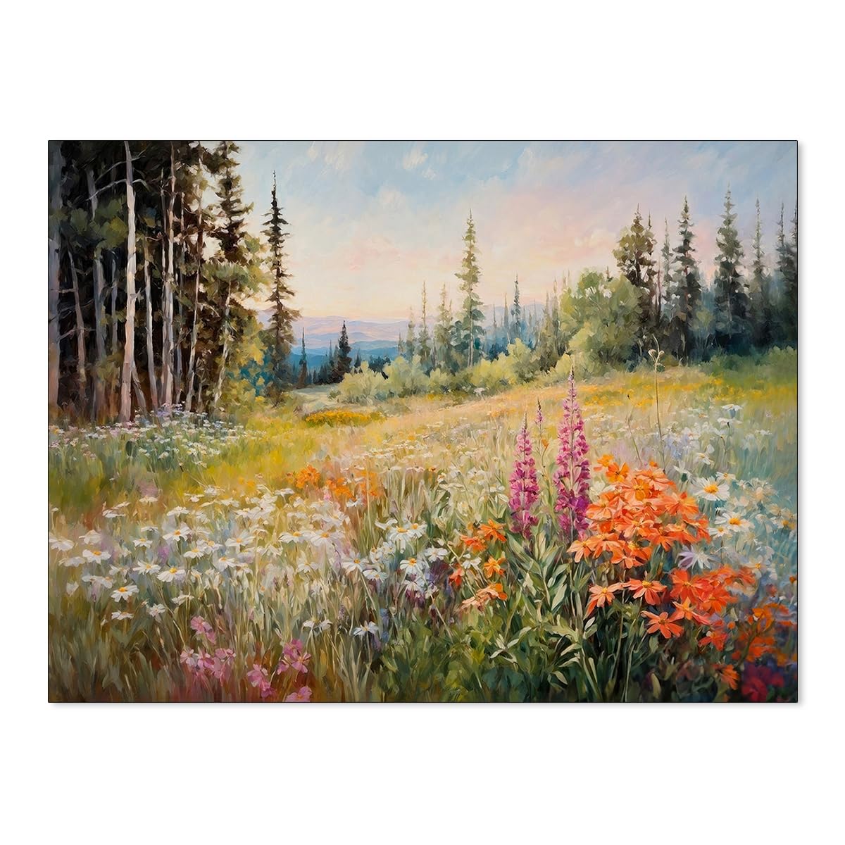 Jefuzh Floral Landscape Poster Retro Rustic Nature Wildflower Wall Art Vintage Botanical Flowers Canvas Prints French Sunset Oil Painting Wall Decor