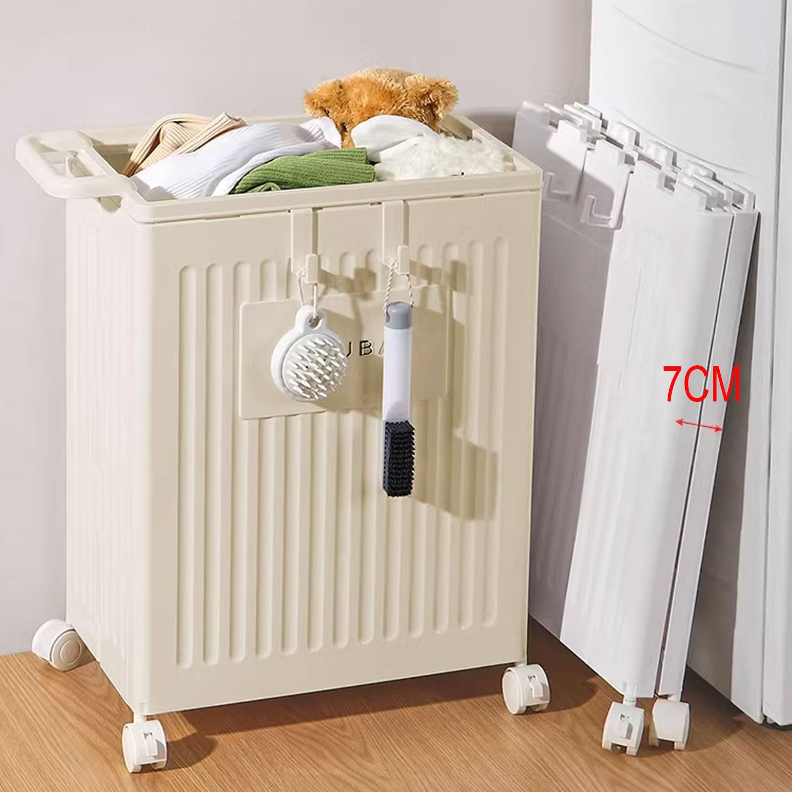 Cesto Ropa Sucia con Tapa con 4 Ruedas Silenciosas Material PP Cesta De Ropa Sucia Multiusos Cesto Ropa Sucia Estrecho para Almacenes, Hoteles, Hospit(White)