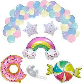 Kit 81u - Balões Candy Colors N5-N9 +1 Balão Metalizado Rosquinha Donuts +1 Nuvem Arco Íris +1 Balão Bala Bombom + 2 Estrelas + Tira Arco Desconstruído