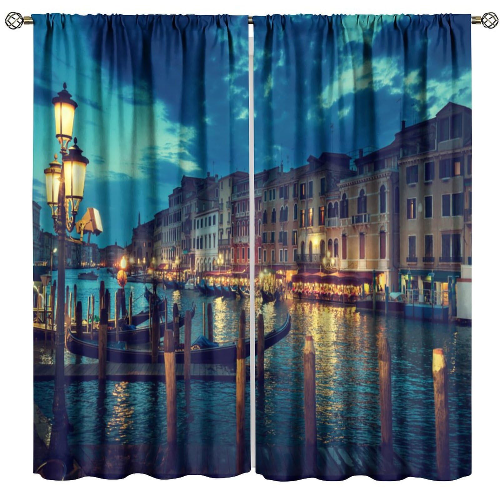 Venice Night Curtains, Night View of Architectural Waterways in Italian Cities in Europe Decor Windows Treatments, Thermal Insulation Rod Pocket