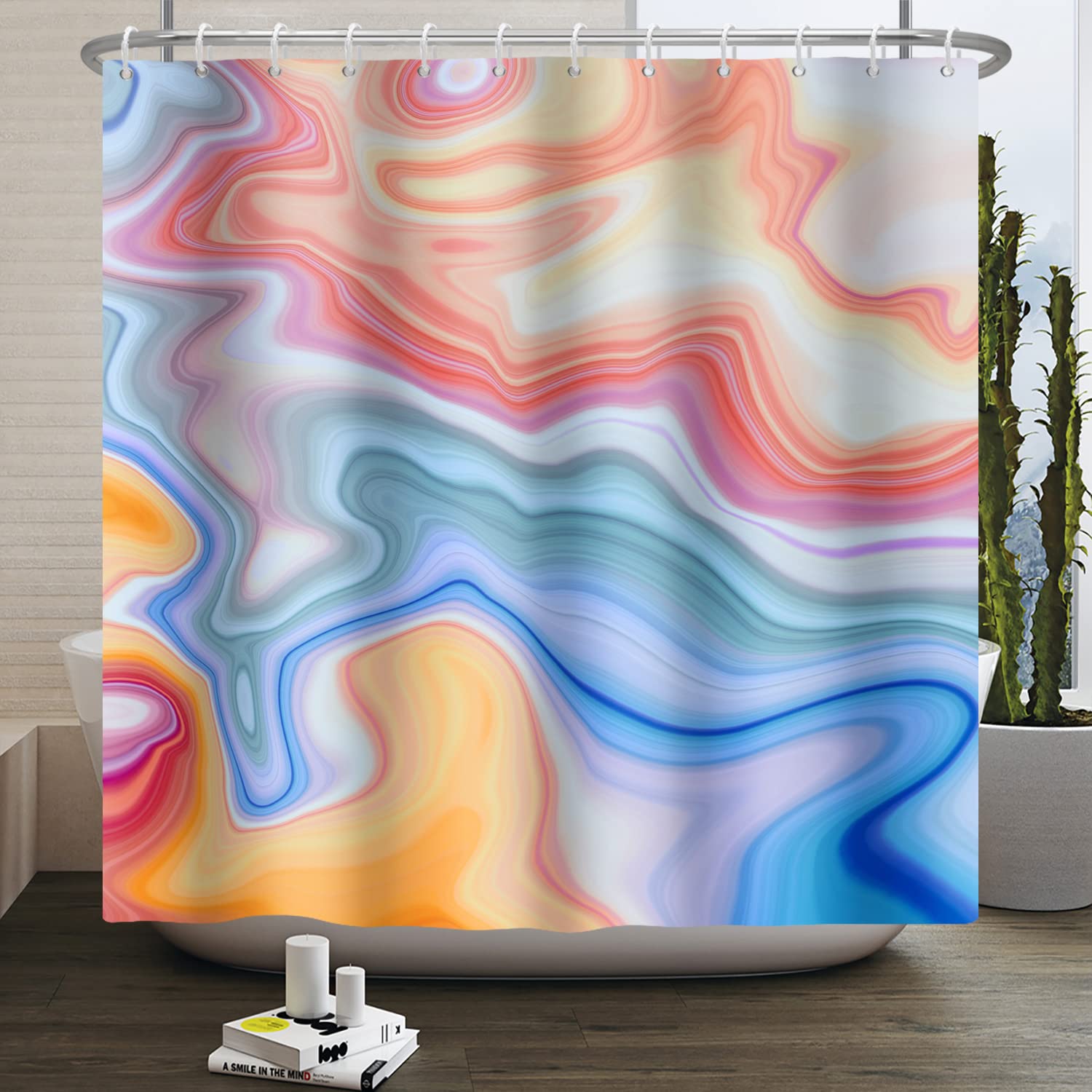 Bovlleetd 71x71inch Ombre Marble Shower Curtain Luxury Orange Blue Bath Curtain Modern Luxury Abstract Texture Shower Curtains with Hook Waterproof Bathtub Curtain โ image 1