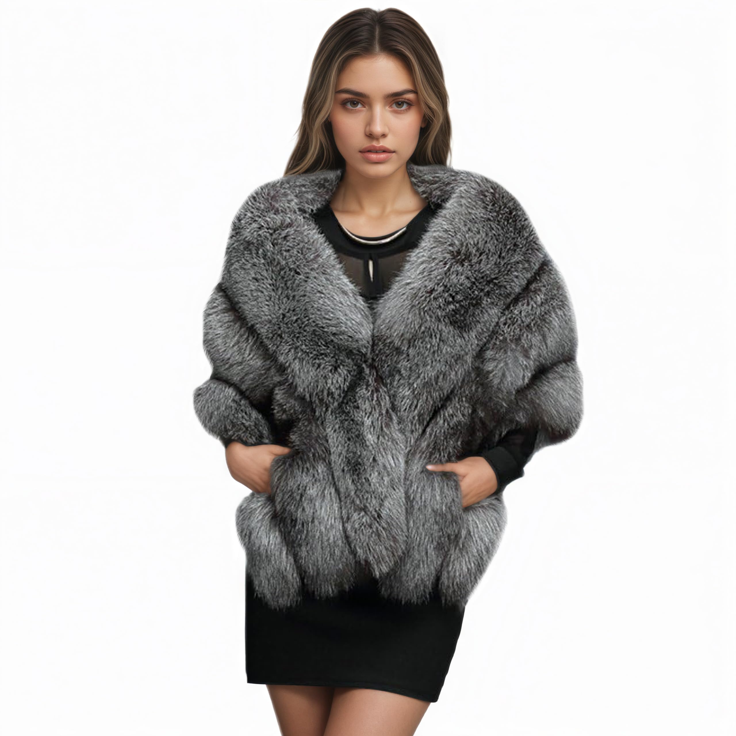 Luxury Faux Fox Fur Long Shawl Cloak Cape Wedding Dress Party Coat for Winter, Fox-silver, L