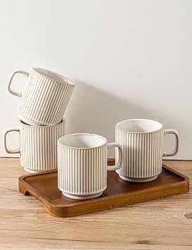 Coffee Mugs Set of 4, Ceramic Ribbed Coffee Mug, Tea Coffee Cups Set with Handle, Porcelain Mug for Americano, Latte, Cappuccino, Hot Chocolate, Glazed White