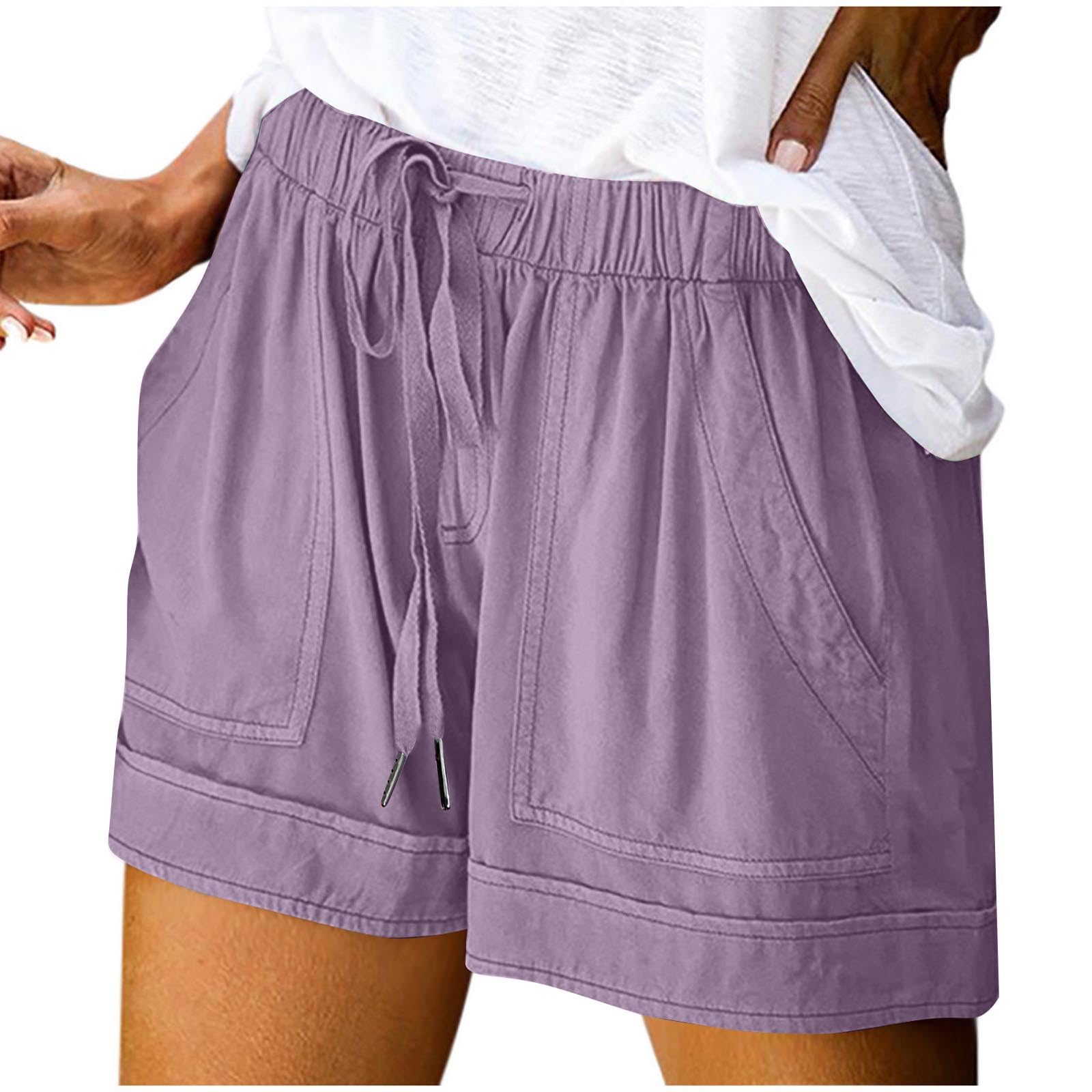 Shorts for Women Trendy Summer 2025 Casual Beach Cotton Linen Drawstring Elastic Waist Plus Size Shorts Pockets