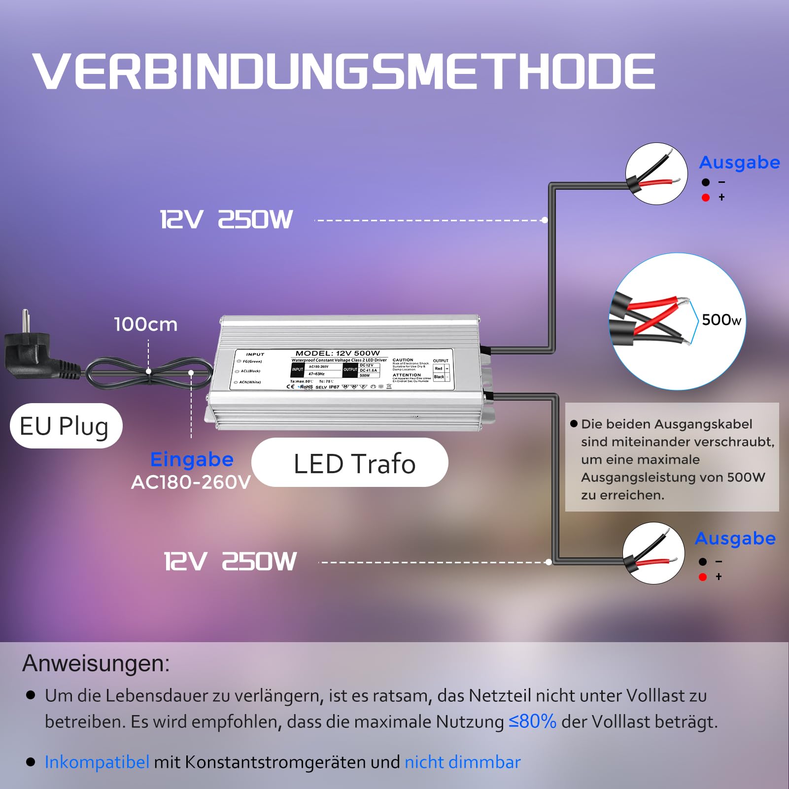 LightingWill Transformador LED 24V 500W IP67 Impermeable para Exterior con Enchufe, Fuente de Alimentación para Tiras LED, Lámparas, Focos y Cintas de Luz