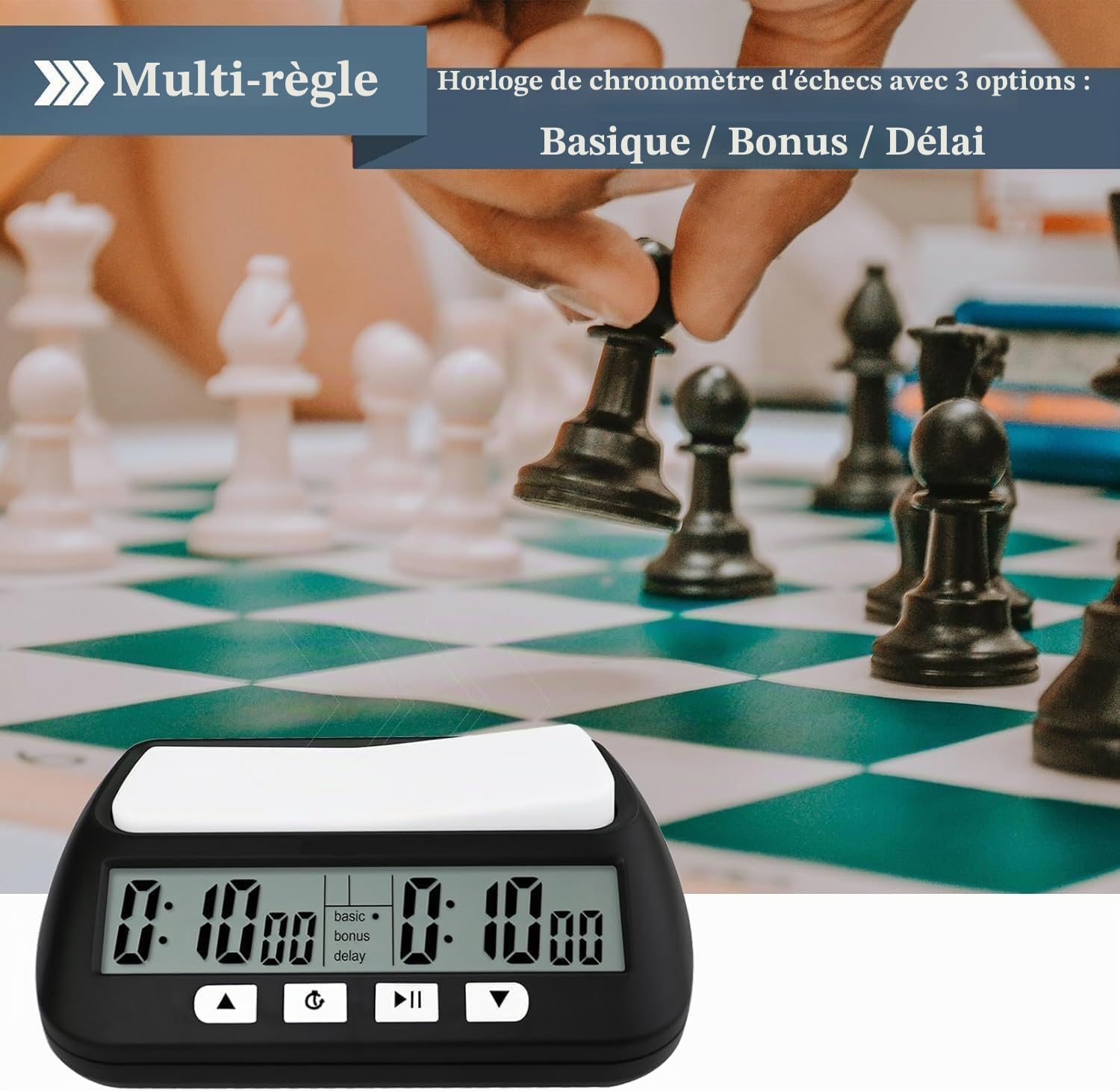 Zerodis Horloge d'échecs professionnelle avec alarme multifonction portable, pour jeux de société, noir