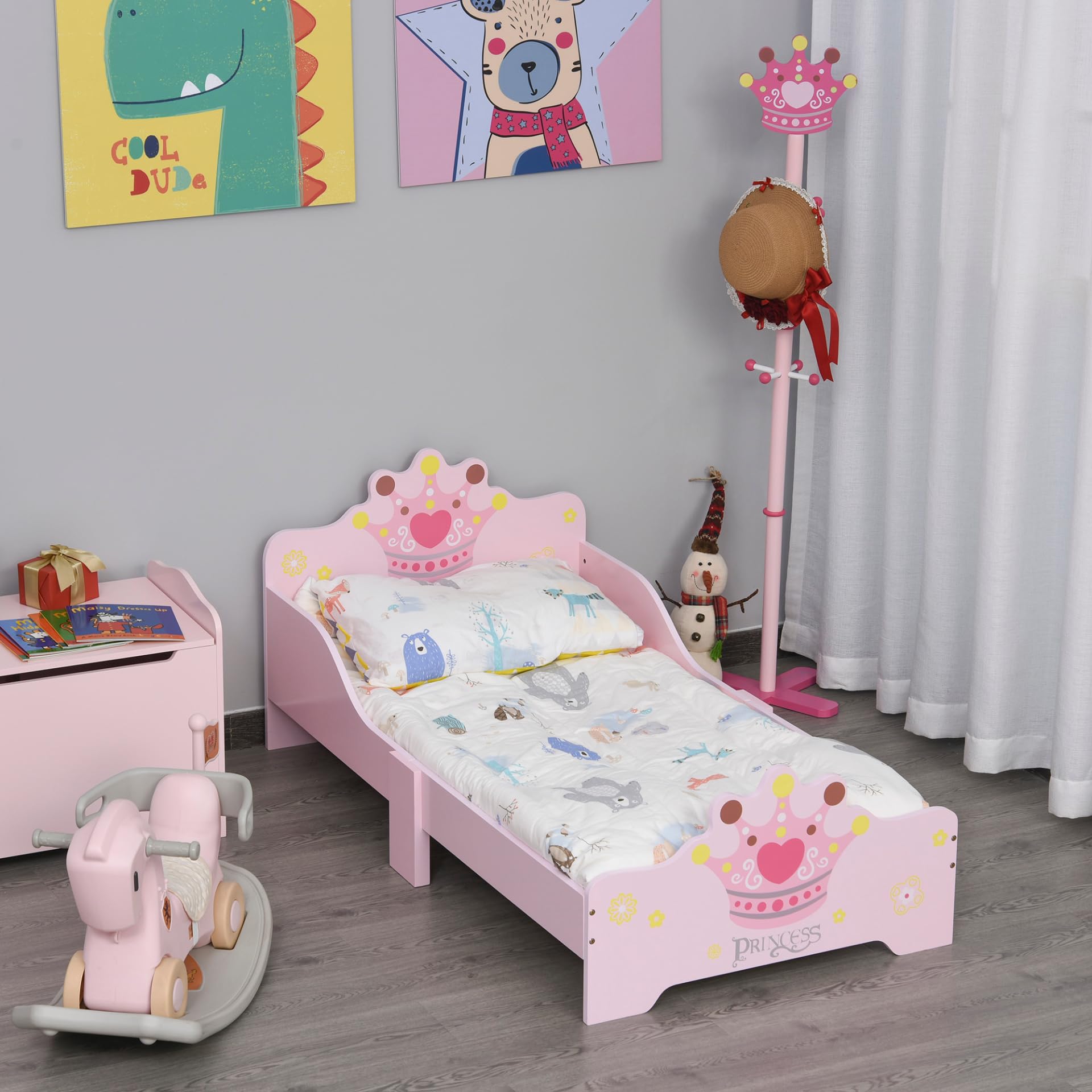 HOMCOM Kids Toddler Bed Princess Crown Theme Safety Side Rails Slats Home Bedroom Furniture Boys Girls 3-6 Years Pink 143 x 73 x 60 cm - Image 2