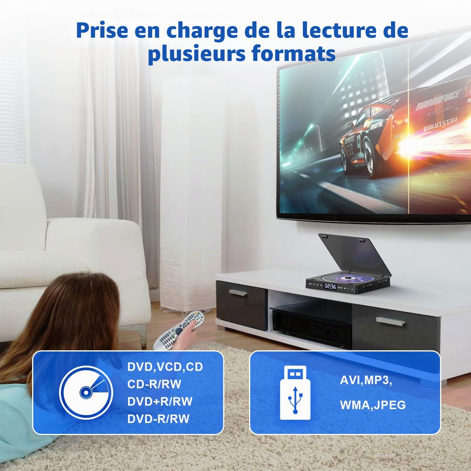 Gueray Mini Lecteur DVD CD Portable pour TV Toutes Les Régions HD 1080p USB 3.5mm Aux Télécommande HDMI AV