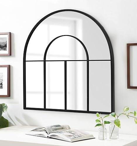 Miniatura 3 de Kate and Laurel Solei - Espejo de pared moderno de metal arqueado con marco delgado y revestimiento de hierro 30 x 30 pulgadas color negro