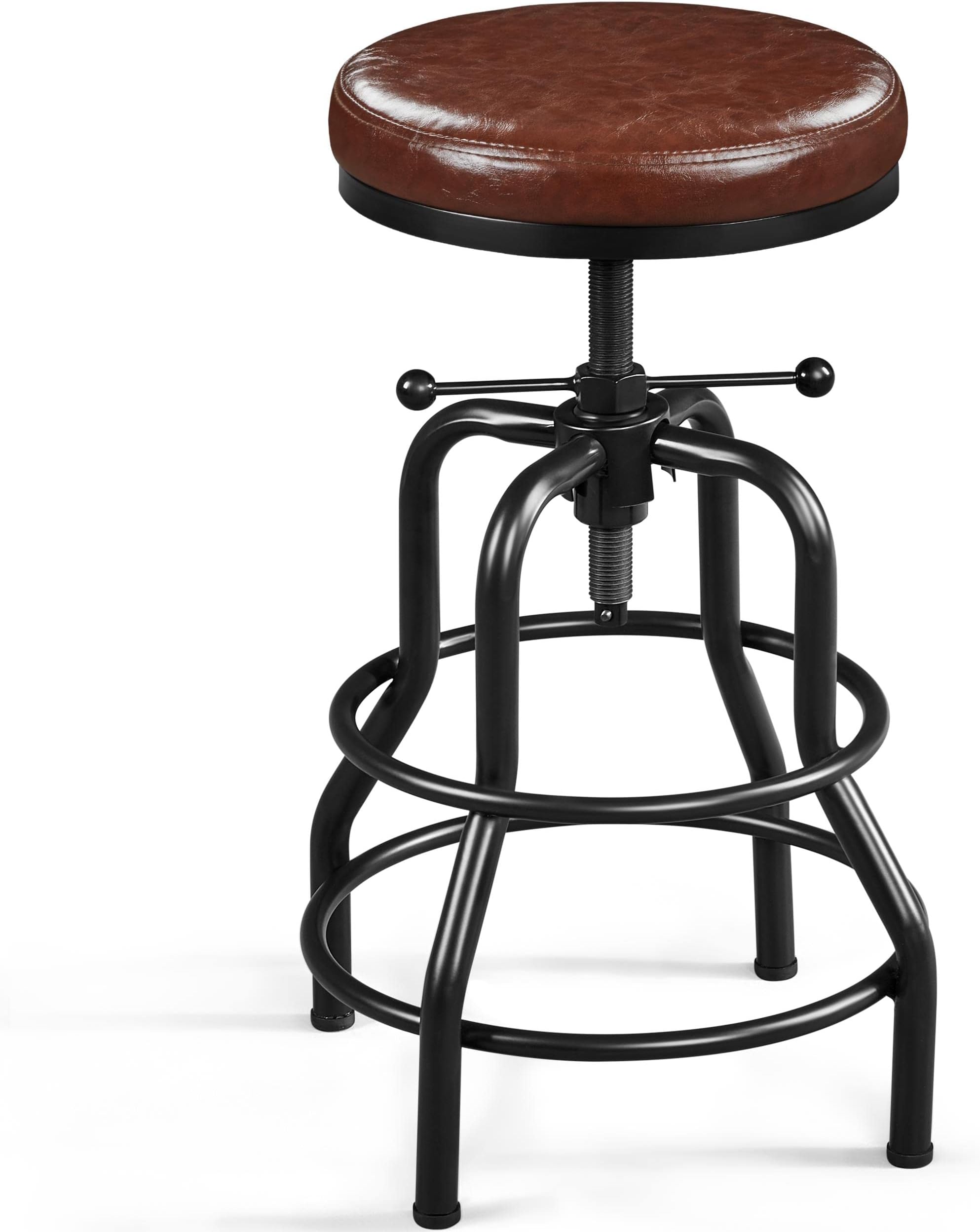 Yaheetech Industrial Bar Stool Vintage Counter Height Adjustable Metal Kitchen Stool with Round Faux Leather Seat 21.5-28 Inch Tall Brown, 1PCS