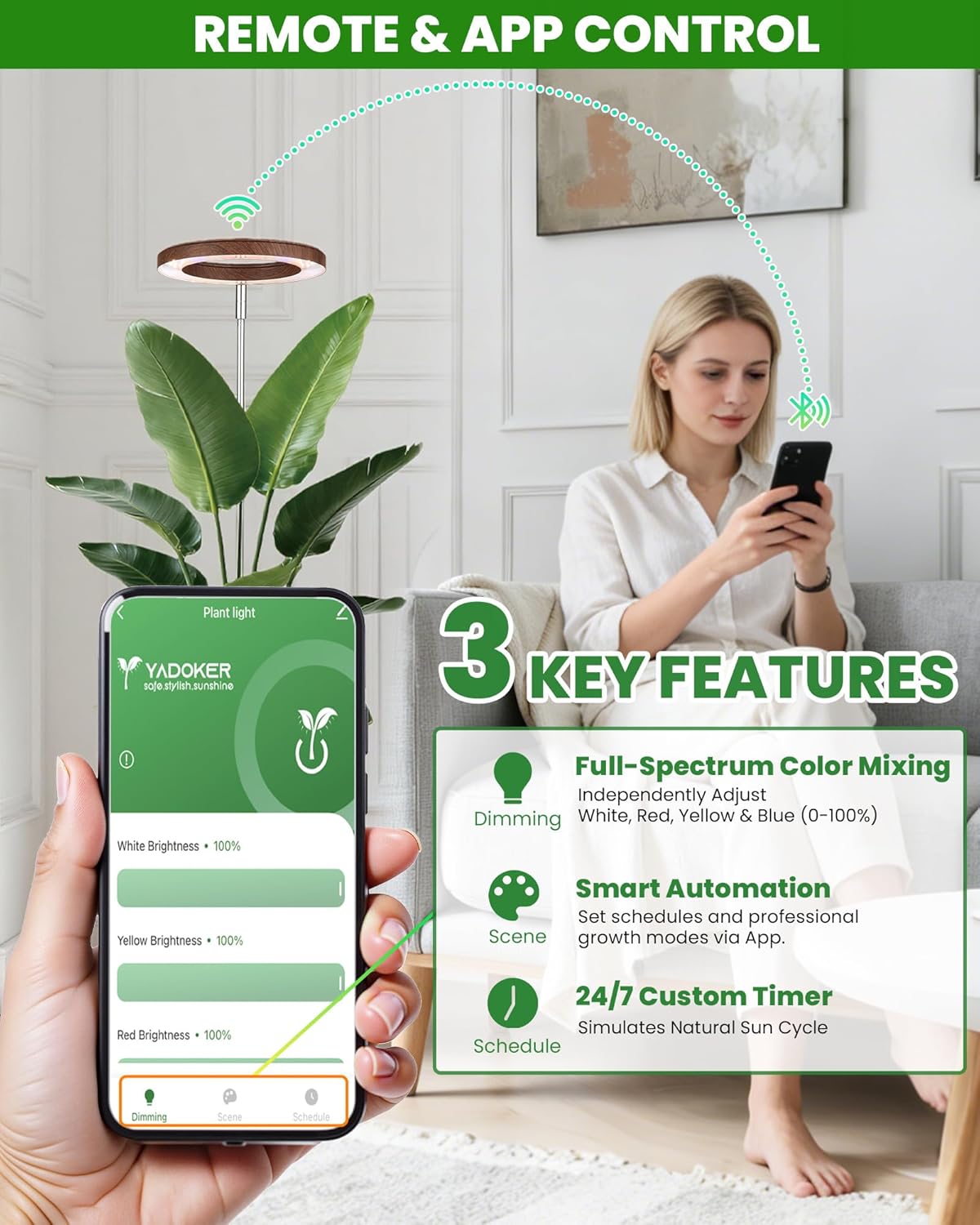 yadoker Plant Grow Light, Smart Plant Light Compatible with Alexa,Google for Indoor Plants,Height Adjustable,Customized Light Brightnesss,Multiple Timers