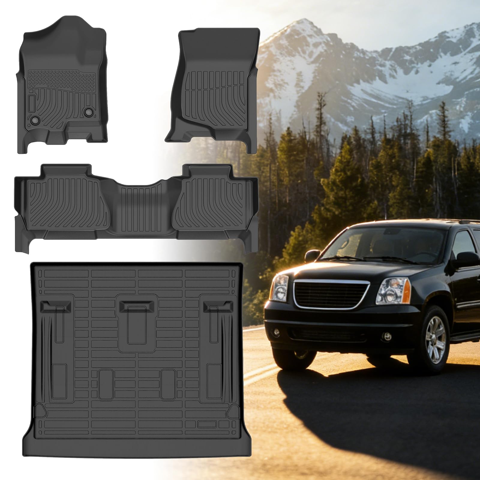 Floor Mats for Chevy Tahoe 2007 2008 2009 2010 2011 2012-2014 & GMC Yukon Bench (NOT fit XL or Hybrid), for Chevrolet Tahoe Floor Mats 1st & 2nd Row & Cargo Liner, 8 Seats, TPE Summer Winter