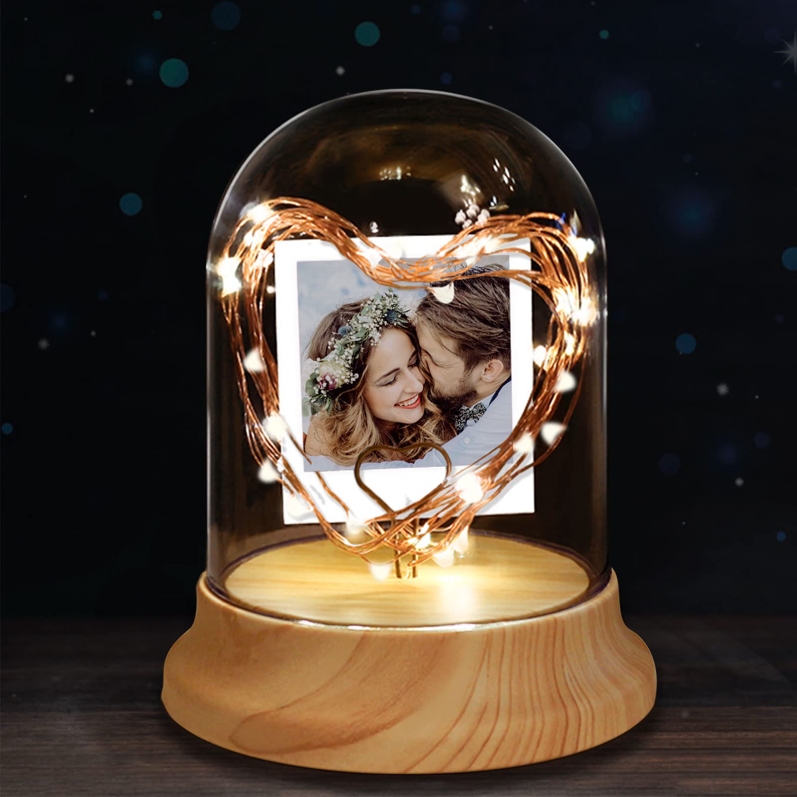 Hodmec Custom Night Light with Photo Personalized Picture Night Lamp in Glass Dome with Led String Light Customized Gifts for Valentine's Day Birthday Mother's Day and Anniversary