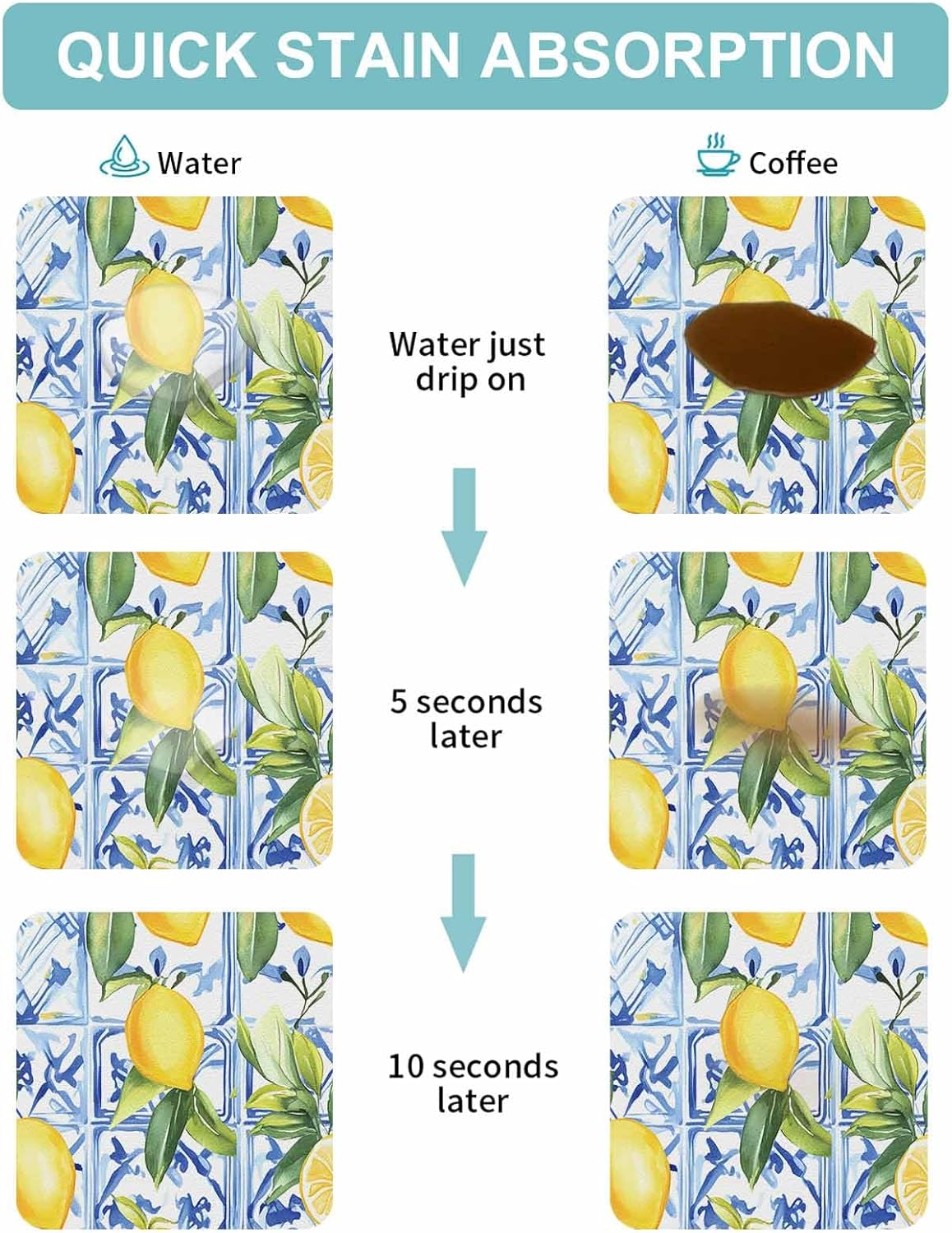 Coffee Mat Lemon Fruit Dish Drying Mat for Kitchen Counter Leaves Blue Coffee Bar Mat for Coffee Maker and Espresso Machine, Coffee Station Accessories 18x24in