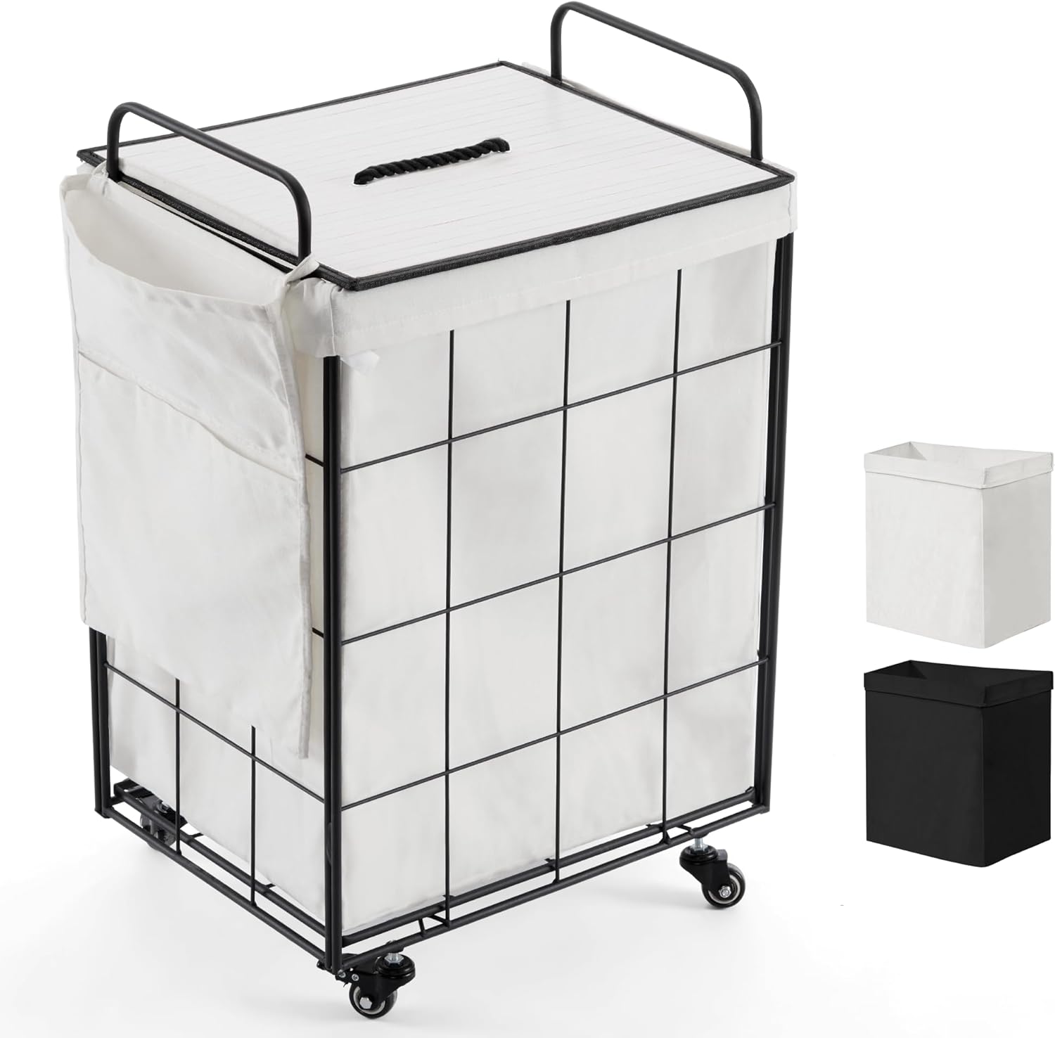 Laundry Hamper with White Bamboo Lid, Durable Laundry Basket with Heavy Duty Rolling