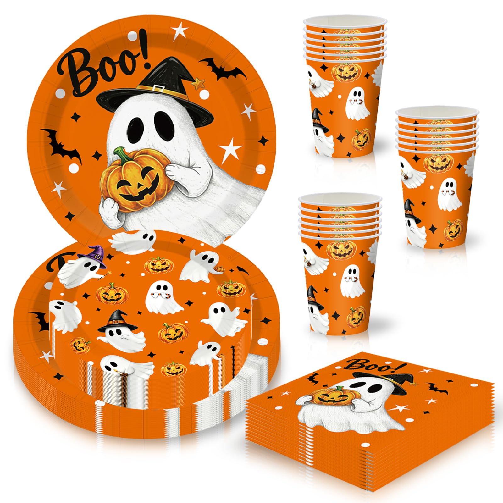 50Pcs Halloween Party Tableware Disposable Dinnerware Set for Kids, Cute Ghost & Pumpkin Design Disposable Halloween Paper Plates Napkins and Cups for Halloweens Party Table Decorations โ image 1