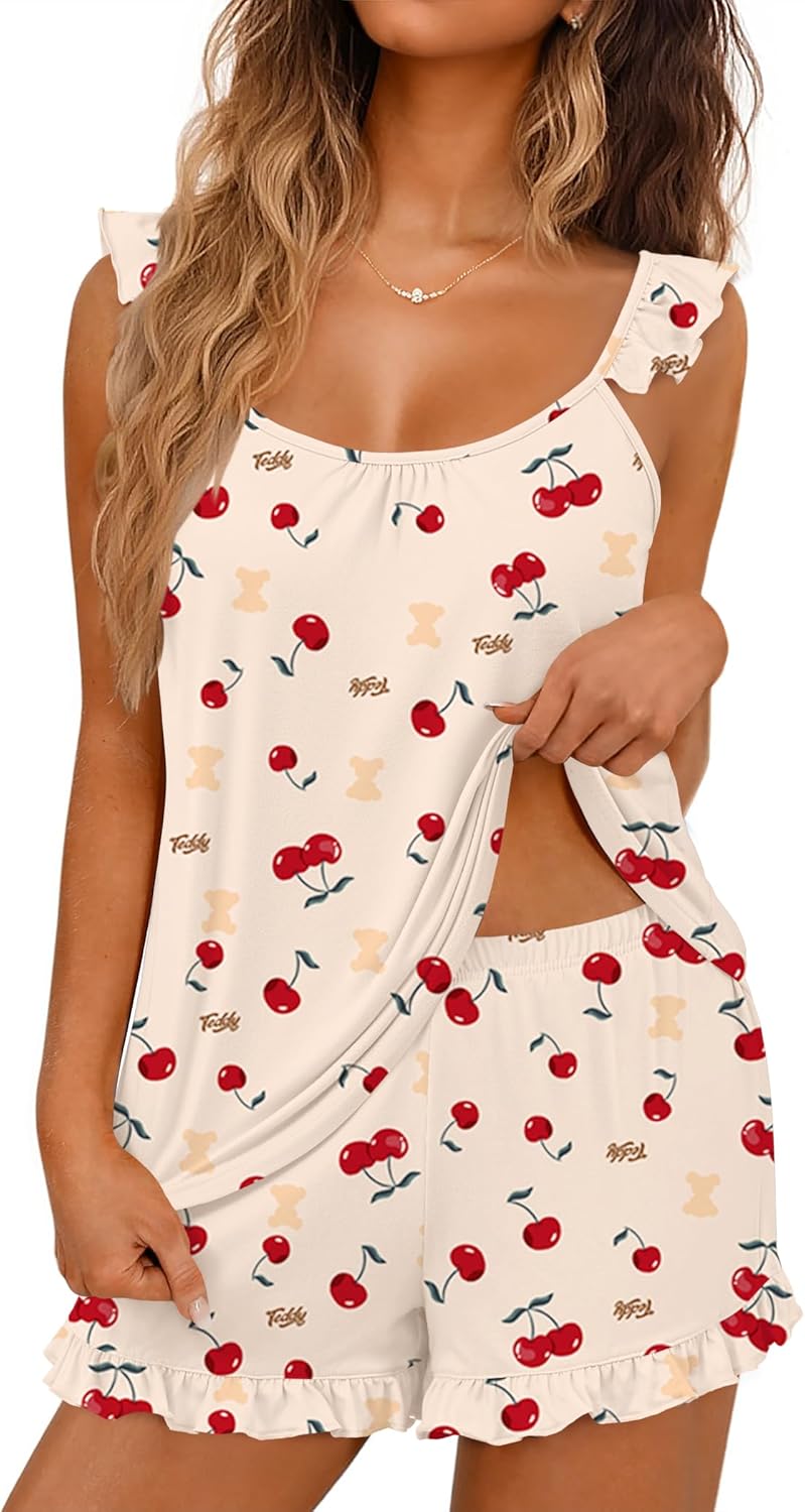 Ekouaer Pajama for Women Set 2 Piece Lightweight Summer Pajamas Soft Sexy Lingerie Ruffle Cami and Shorts Bridal Pj