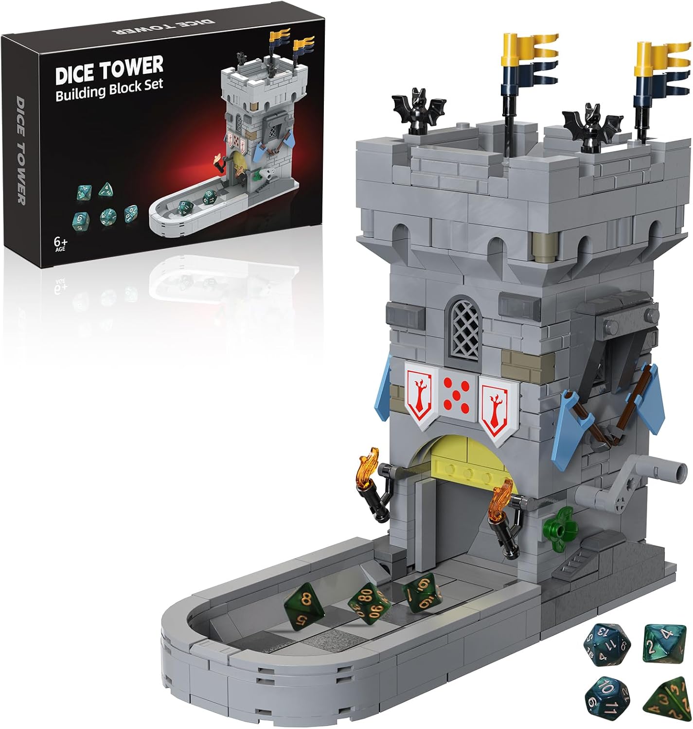 Dice Tower Castle Building Set, Creative Tabletop Games Toy with 7-Die Polyhedral Dice for DND Pathfinder, Suitable for Gamers and Enthusiasts