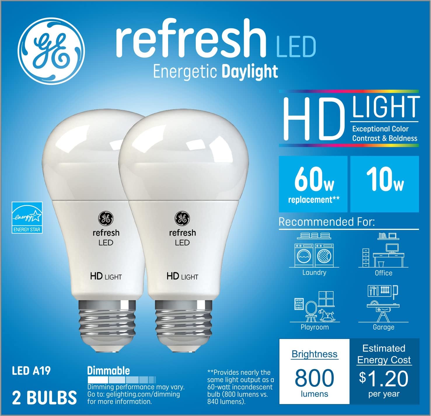 GE Lighting Refresh LED Light Bulbs, HD Light, 10 Watt (60 Watt Equivalent) Daylight, A19 General Purpose Bulbs, Medium Base, Dimmable (2 Pack)