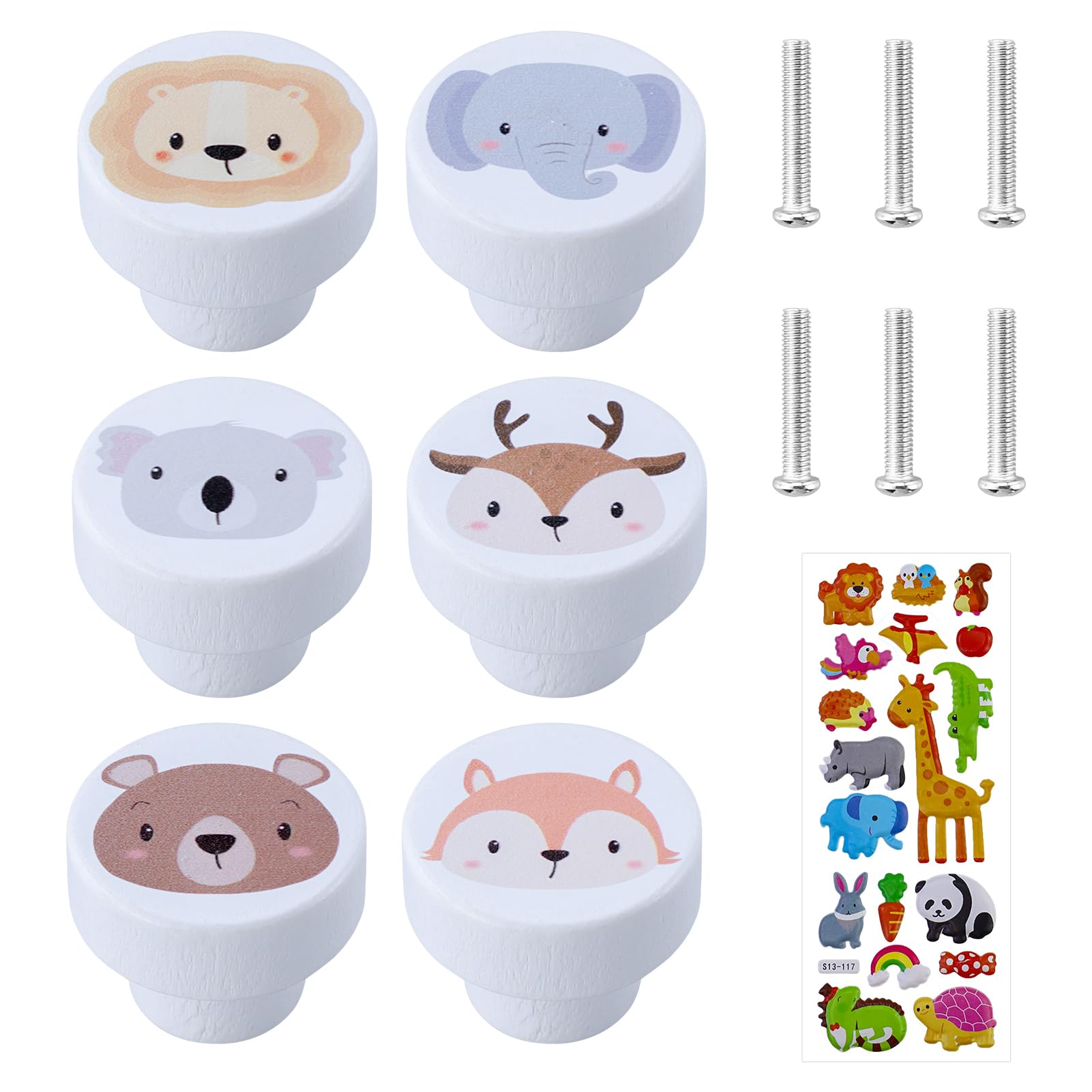 6 Pezzi Pomelli Per Mobili Bambini in Legno, Maniglie Cameretta con Viti, Pomelli Decorativi in Legno per Armadietti con Diversi Motivi di Animali