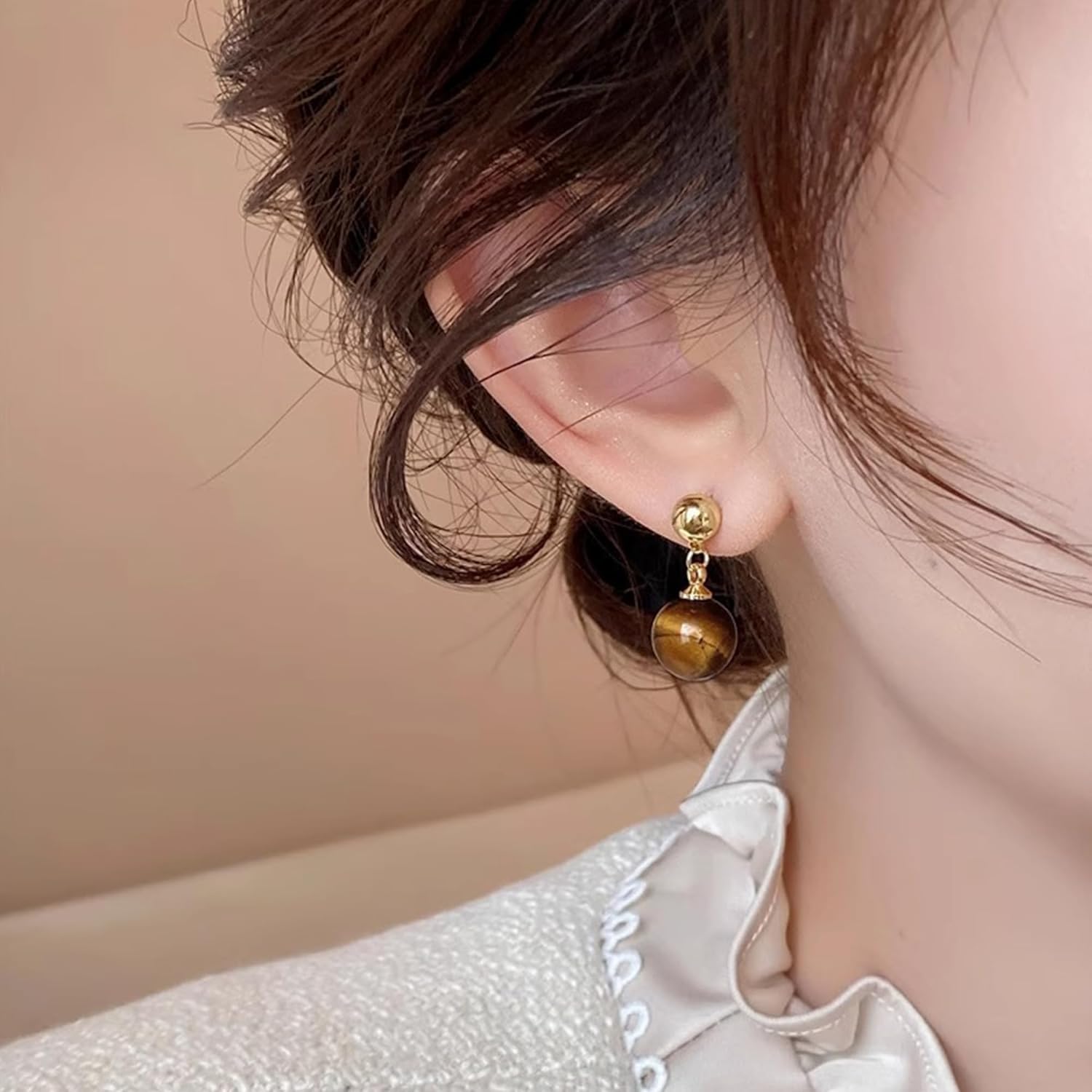IDOKAWA Natural Tiger Eye 5-12mm Roundelle Beads Earring Gold Plated Dangle Drop Earrings Gold Hoop Stud Earrings for Women Fashion Jewelry