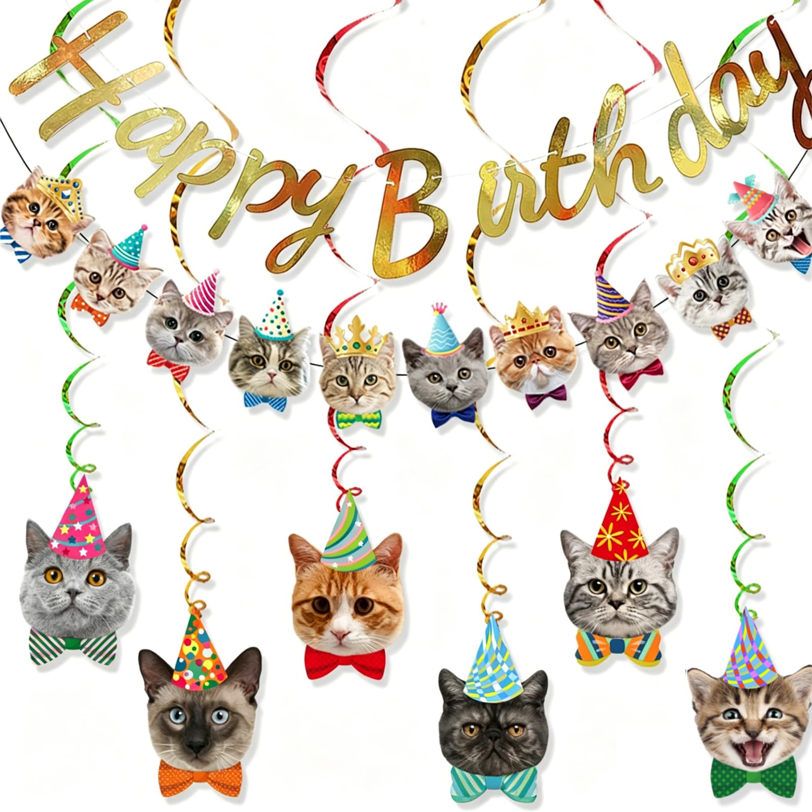 Cat Birthday Decorations Kit, 10Pcs Cute Cartoon Cat Birthday Banner with Happy Birthday Banner,6 Pieces Cat Theme Hanging Swirls for Cat Birthday Party Decor