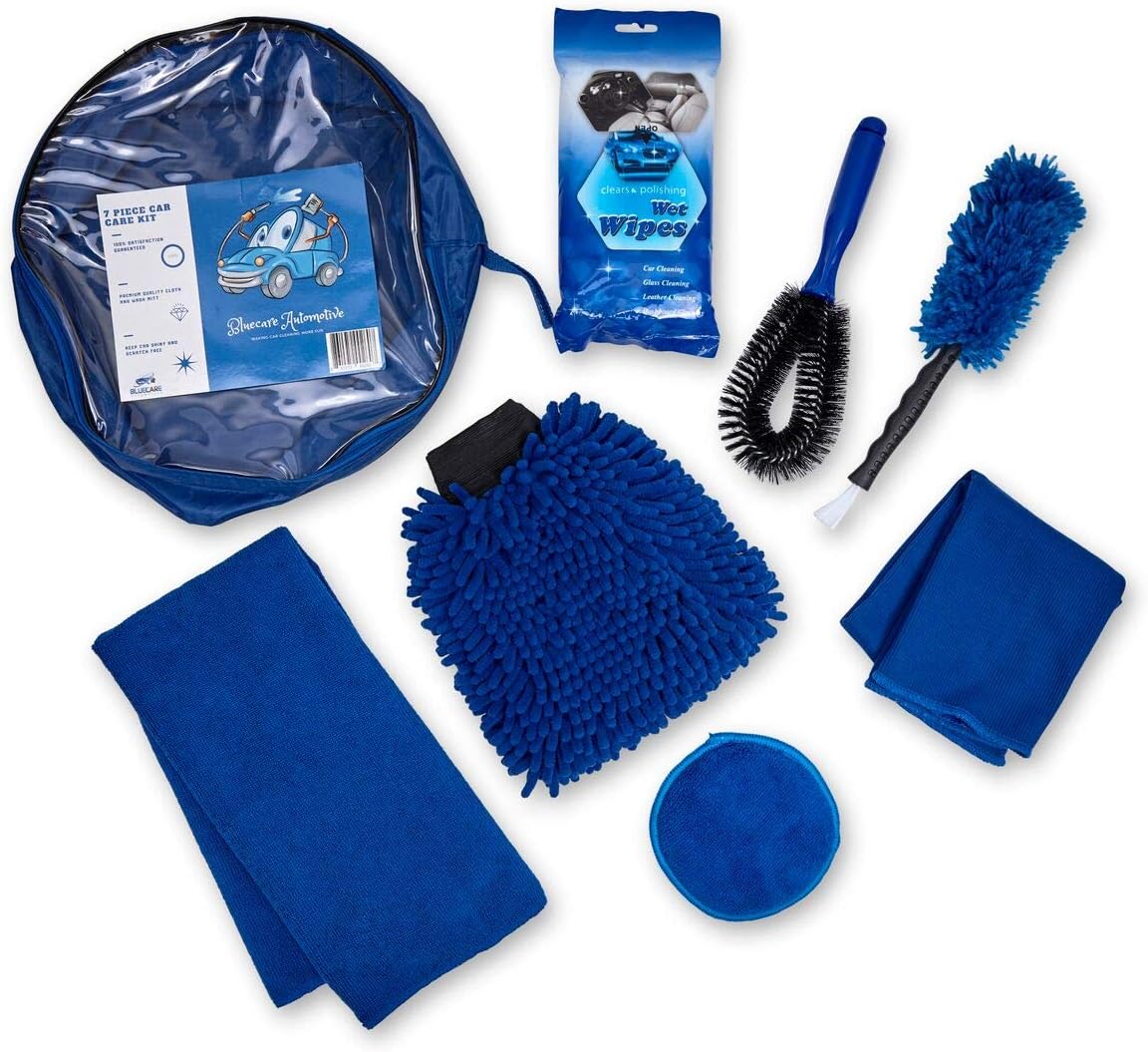 BlueCare Automotive Car Cleaning Tool Kit with Portable Bag | 7 Piece | Wash Mitt | Car Vent Brush | Wash Sponge | Tire Brush | Wax Applicator | Microfiber Cloth with Free Car Wipes