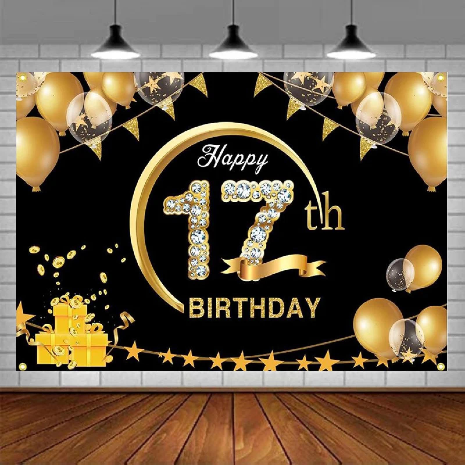 Zdjęcie tło Happy 17th Birthday Banner Black & Gold Sign Sign Baner for Anniversary Party Tło Materiały dekoracyjne