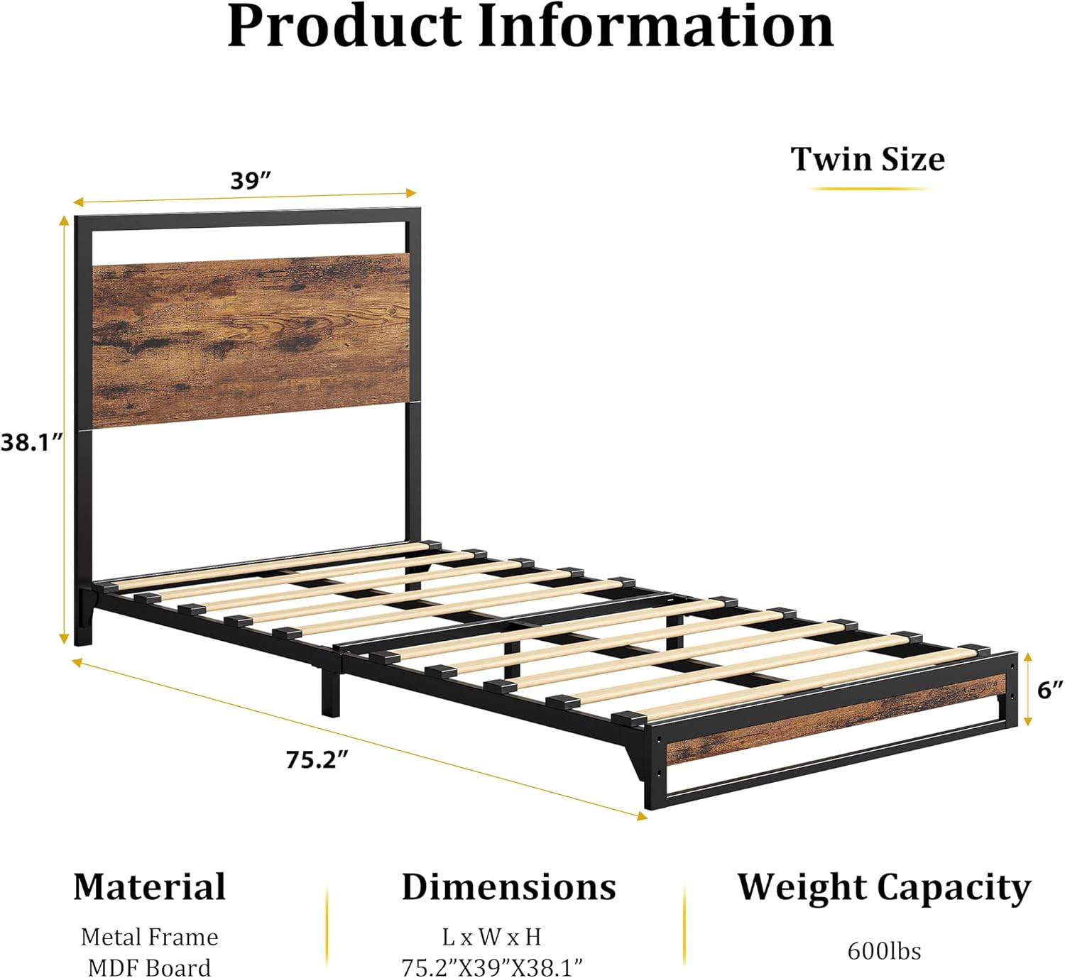 Diagram showing the dimensions of the GarveeHome Twin Bed Frame: 75.2 inches long, 39 inches wide, and 38.1 inches high at the headboard. The under-bed clearance is 6 inches. Material is metal frame and MDF board, with a weight capacity of 600 lbs.