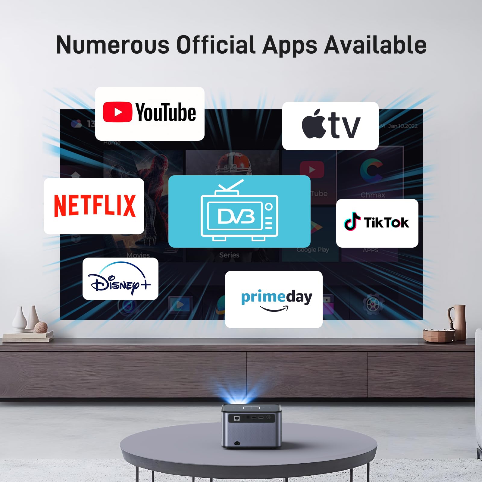 Mini proiettore con WiFi Dual Band e Bluetooth, proiettore portatile intelligente, supporto 4K per Home Cinema e Outdoor
