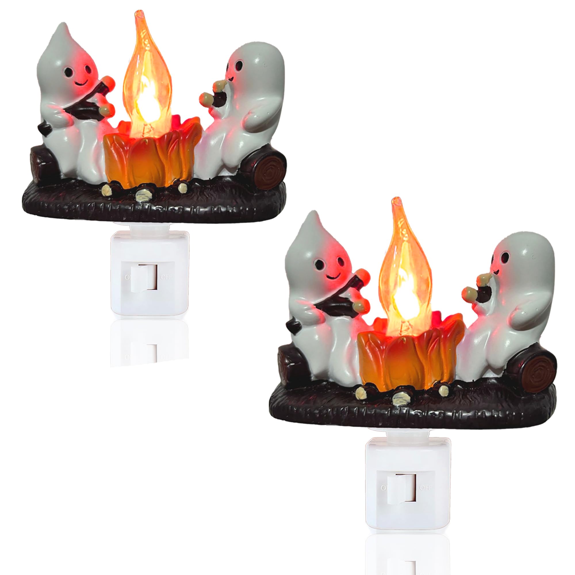 WTEPO 2 PCS Ghost Campfire Flickering Nightlight 2 Ghost Roasting Campfire 3D Spooky Fire Flicker Flame Night Light LED Faux Campfire Lamp Plug into Wall Funny Halloween Gifts