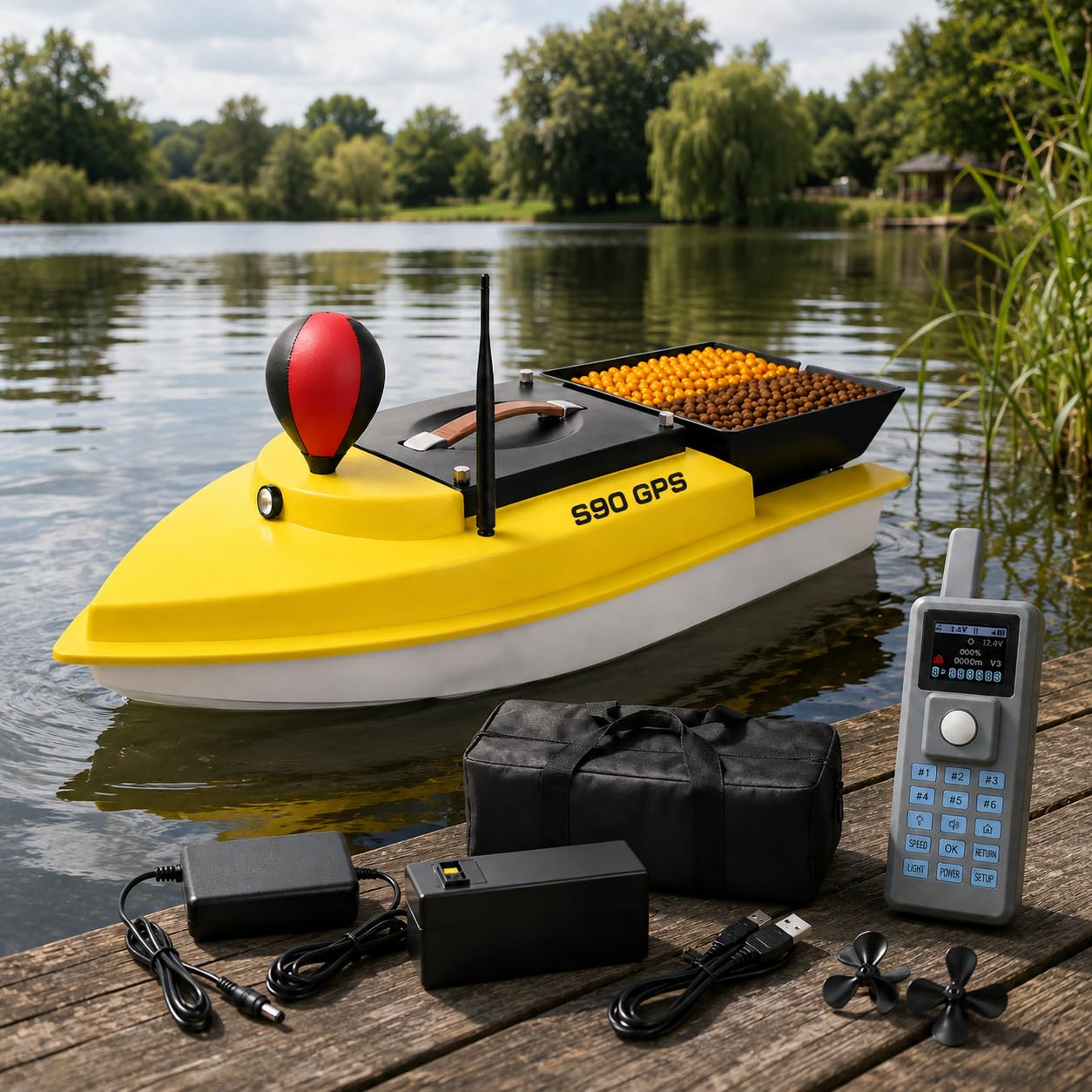 2026 Barco Cebador Carpfishing, GPS, Tolva 5 kg, 4 Palas S9032A | Doble motor sin escobillas de 12 V, retorno automático y 40 puntos para cebado y entrega de aparejos.